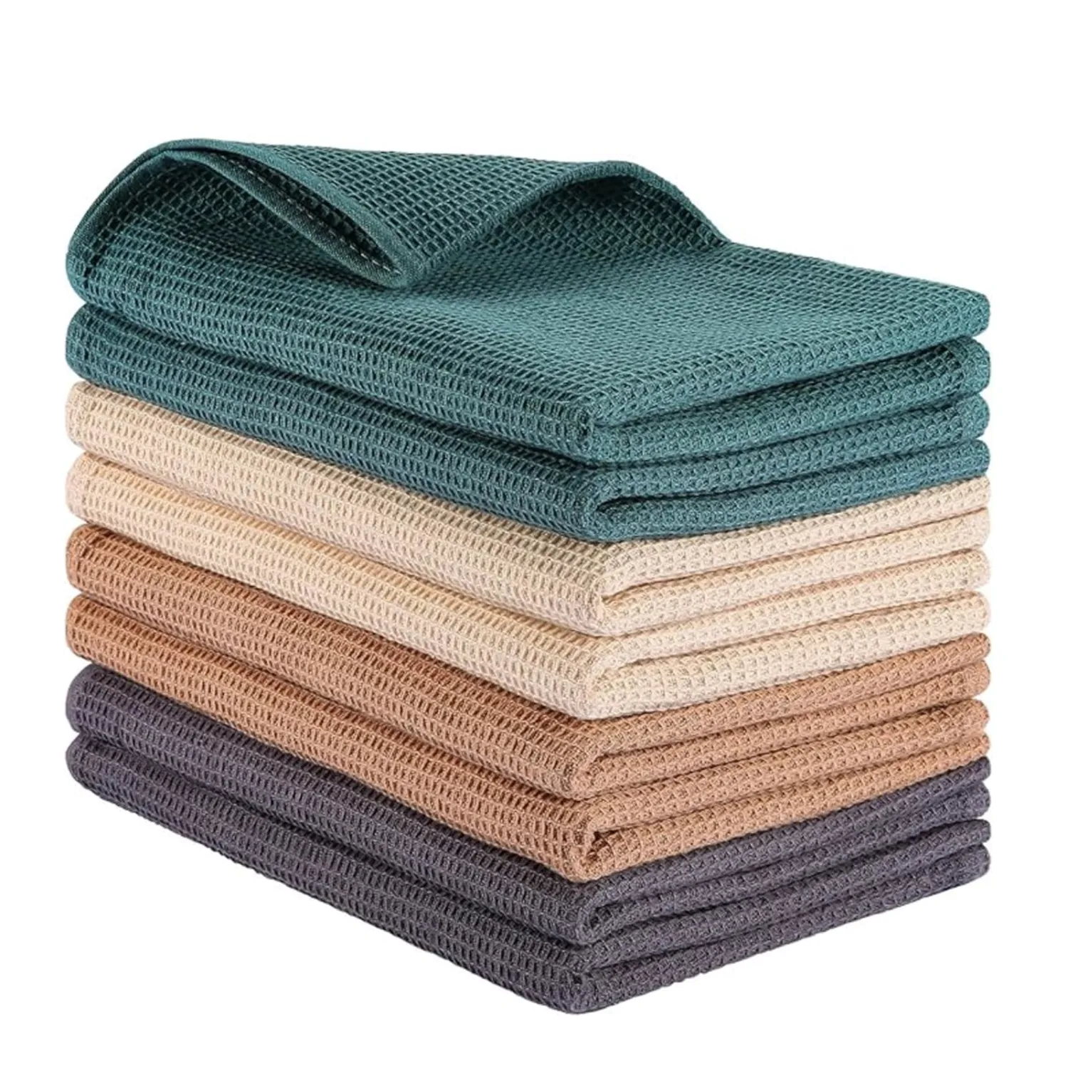 PY HOME & SPORTS 8 Pack Cotton Waffle Weave Kitchen Towels 17 x 25, Super Absorbent Kitchen Hand Dish Cloths for Drying and Cleaning (Beige, Khaki, Teal, Dark Grey)