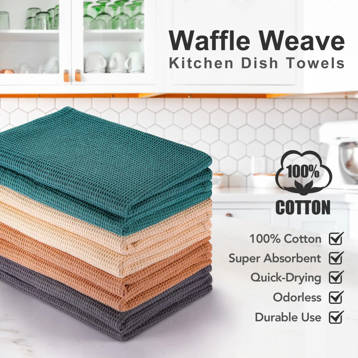 PY HOME & SPORTS 8 Pack Cotton Waffle Weave Kitchen Towels 17 x 25, Super Absorbent Kitchen Hand Dish Cloths for Drying and Cleaning (Beige, Khaki, Teal, Dark Grey)