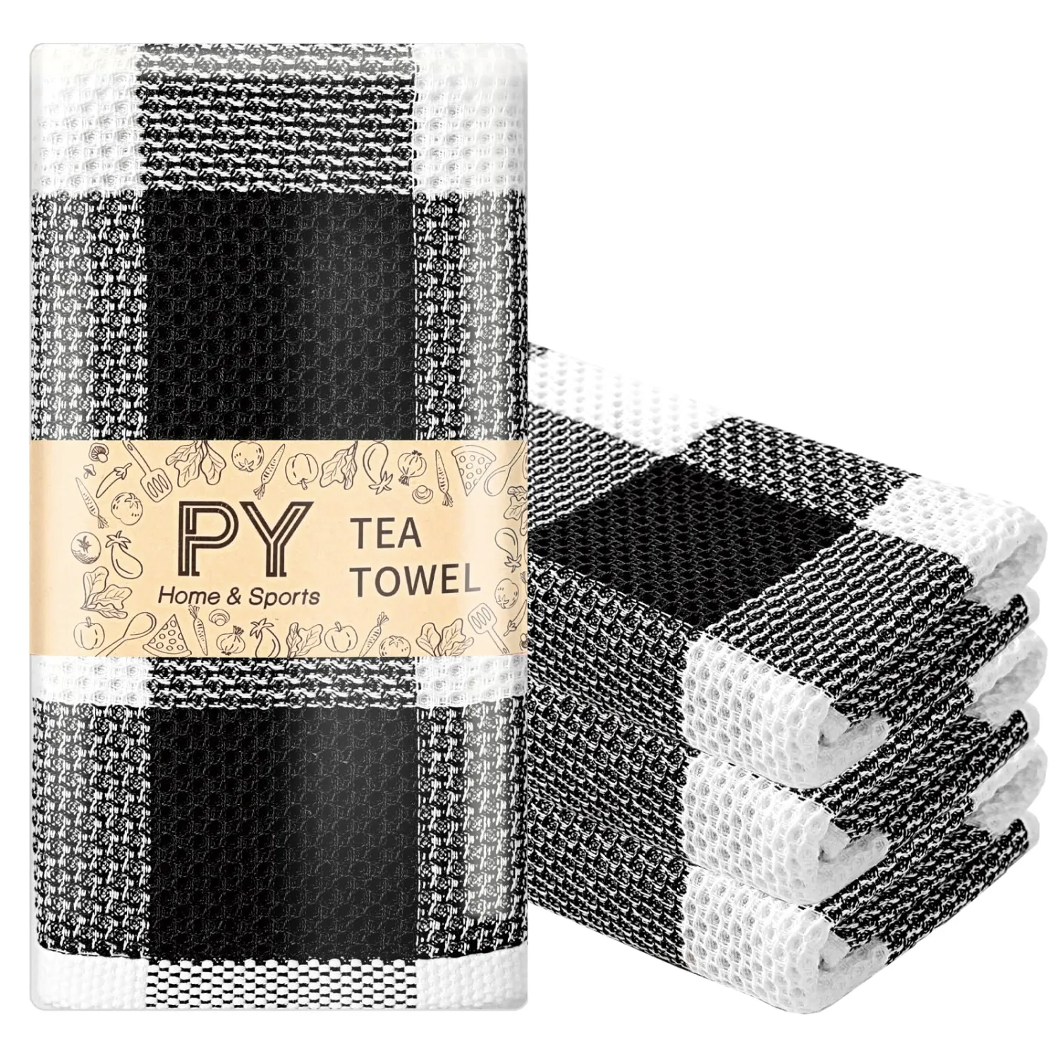 PY HOME & SPORTS Dish Towels Set, 100% Cotton Waffle Weave Kitchen Towels 4 Pieces, Super Absorbent Kitchen Hand Dish Cloths for Drying and Cleaning 13 x 29 Inches Black