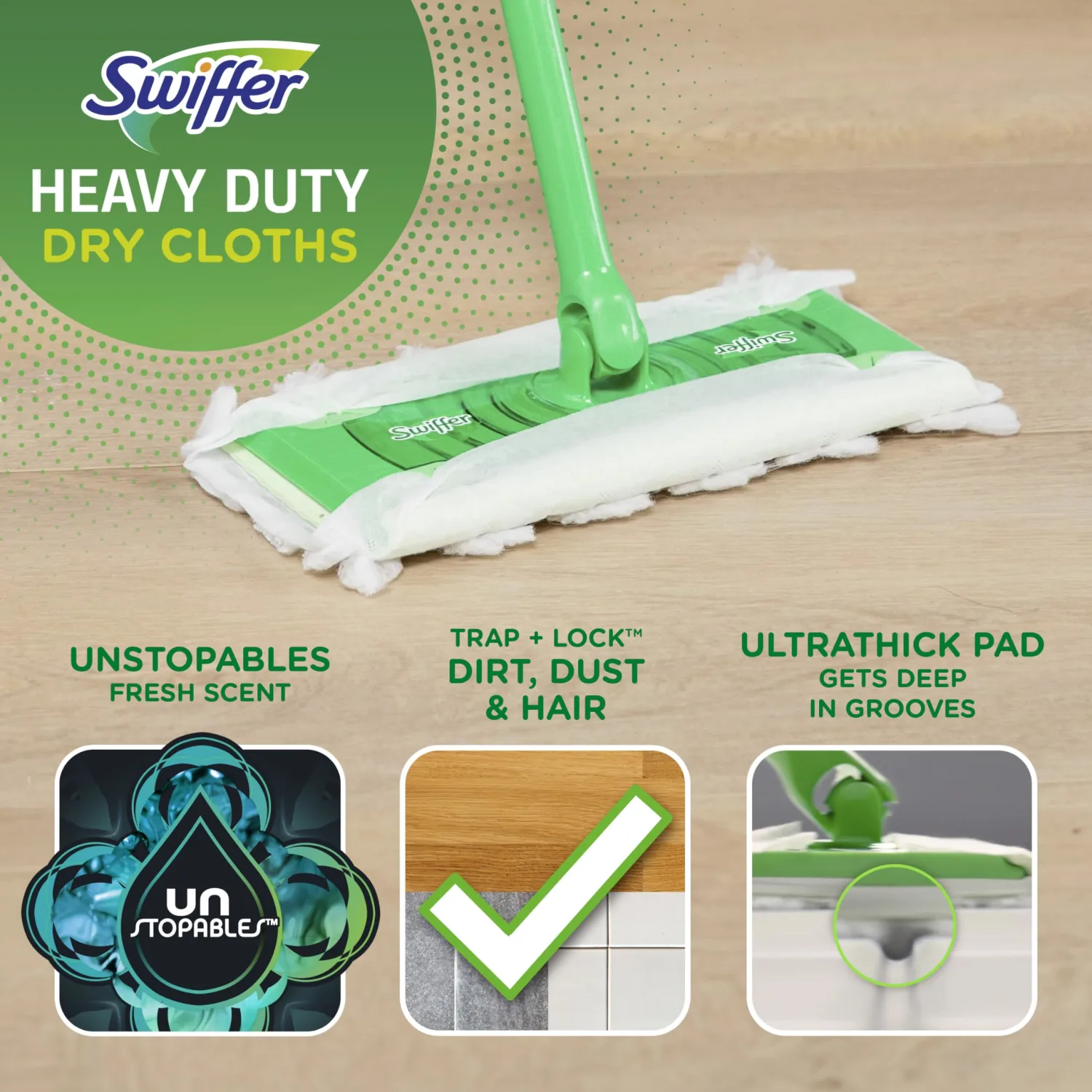 Swiffer Sweeper Heavy Duty Dry Multi-Surface Cloth Refills for Floor Sweeping and Cleaning, Unstopables Fresh Scent, 20 Count