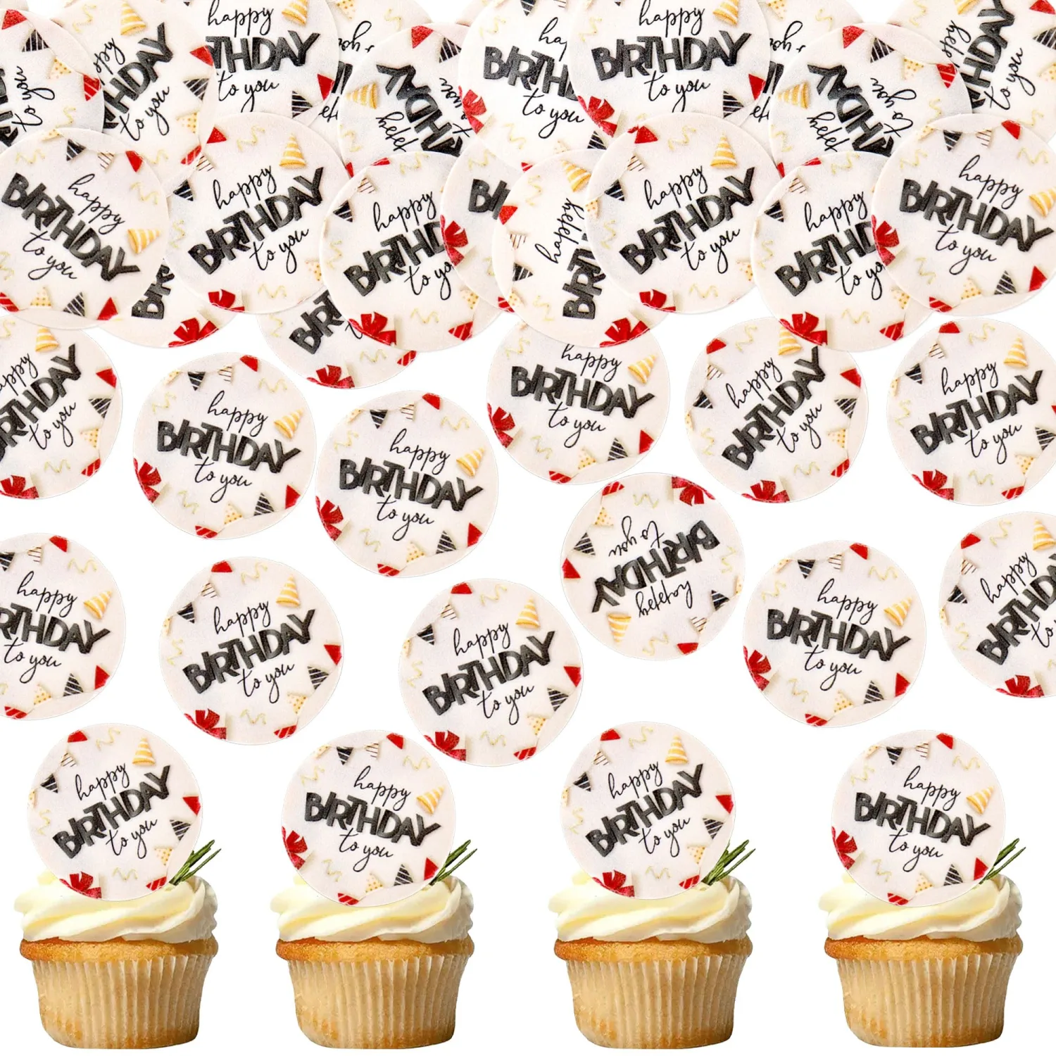 Ercadio 40 Pcs Edible Happy Birthday Cupcake Toppers Drink Topper Picks Black Happy Birthday for Celebrate Birthday Parties Anniversary Party Decoration Supplies