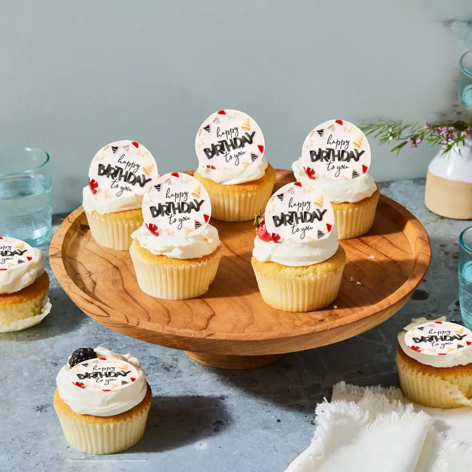 Ercadio 40 Pcs Edible Happy Birthday Cupcake Toppers Drink Topper Picks Black Happy Birthday for Celebrate Birthday Parties Anniversary Party Decoration Supplies