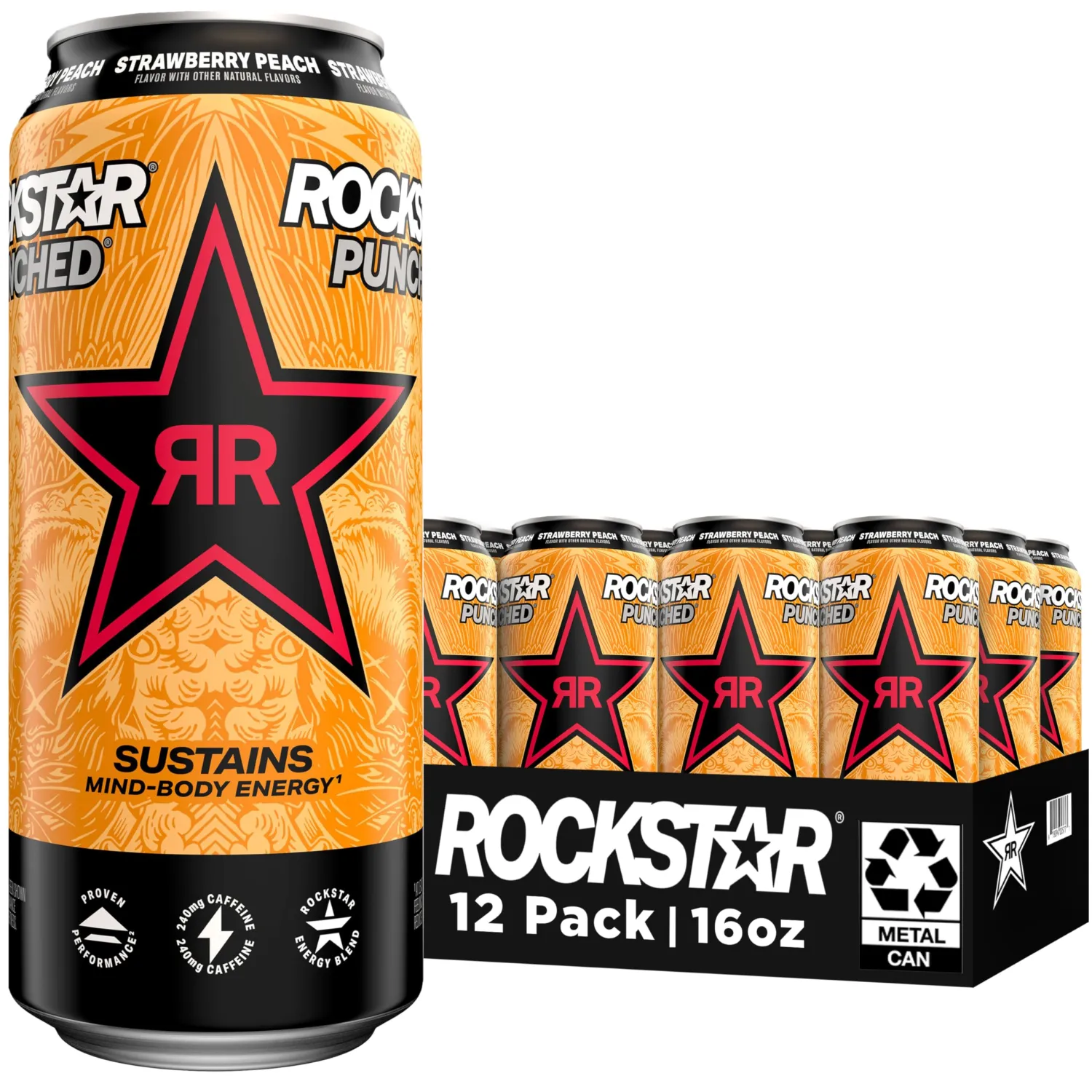 Rockstar Energy Drink Punched Strawberry Peach, 16oz Cans (12 Pack)