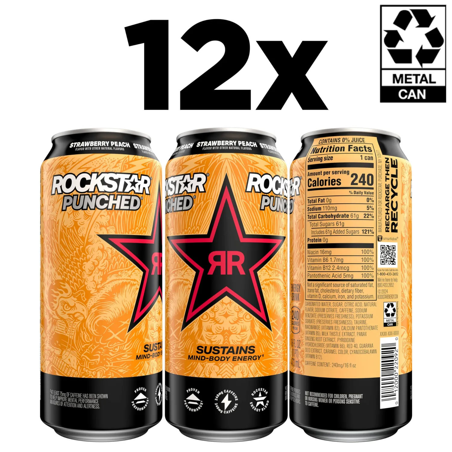 Rockstar Energy Drink Punched Strawberry Peach, 16oz Cans (12 Pack)