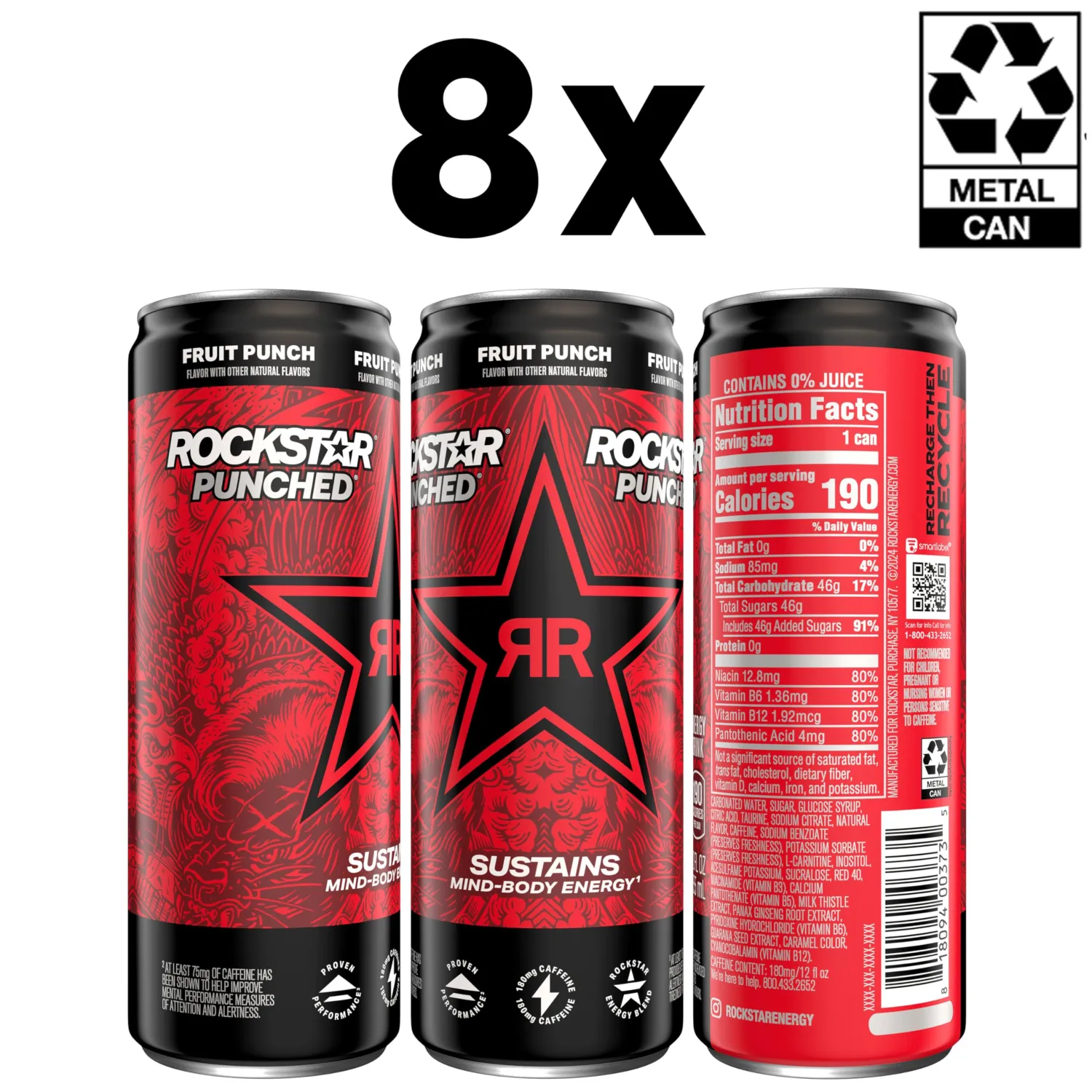 Rockstar Energy Drink, Fruit Punched, 12oz Sleek Cans (8 Pack)