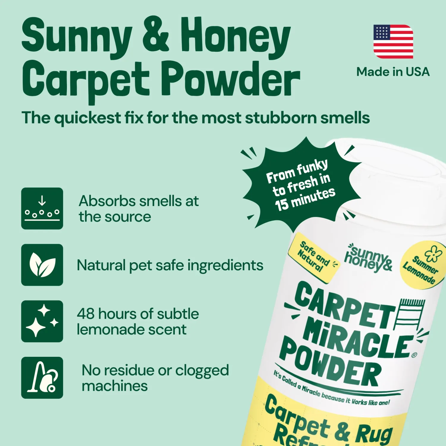 Sunny & Honey Carpet Miracle Powder - Dry Cleaner, Freshener & Deodorizer Powder for Kids & Pets, Lemonade Scent, 20 oz - Carpet Cleaner & Upholstery Deodorizer