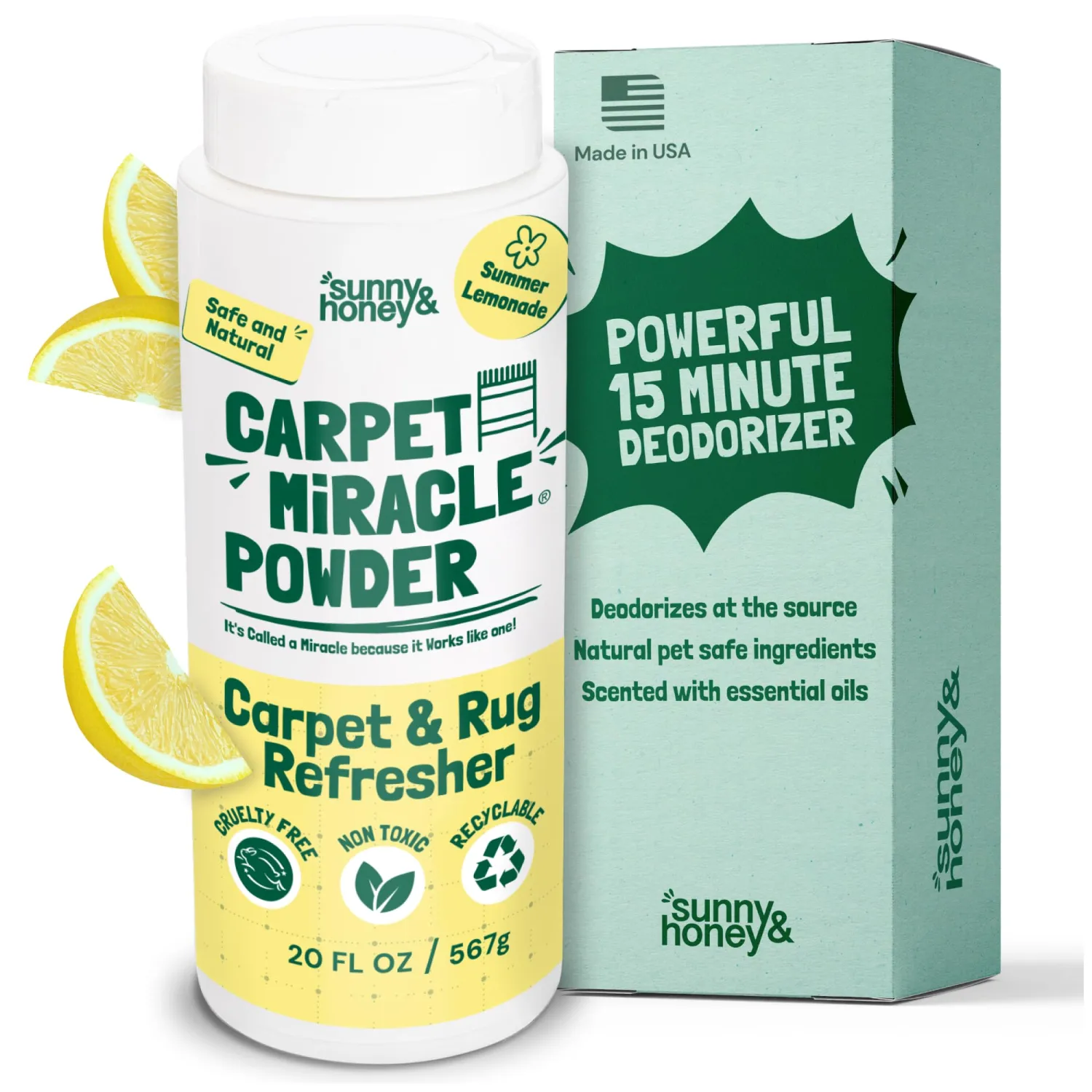 Sunny & Honey Carpet Miracle Powder - Dry Cleaner, Freshener & Deodorizer Powder for Kids & Pets, Lemonade Scent, 20 oz - Carpet Cleaner & Upholstery Deodorizer