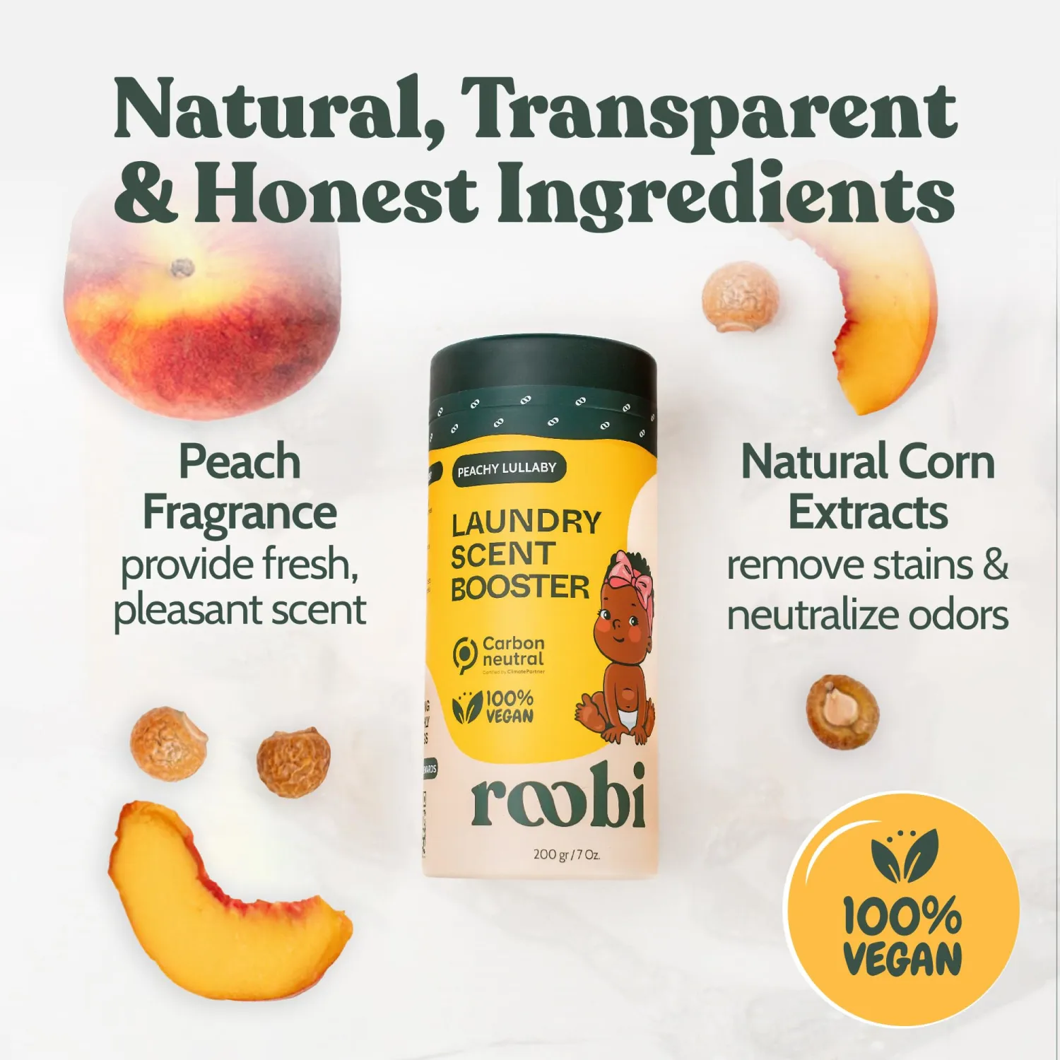 Roobi Sustainable Laundry Scent Booster. Peachy Lullaby Fragrance Beads. Specially Formulated for Baby's Sensitive Skin. Up to 20 Washing Cycles. Carbon Neutral, 100% Vegan.