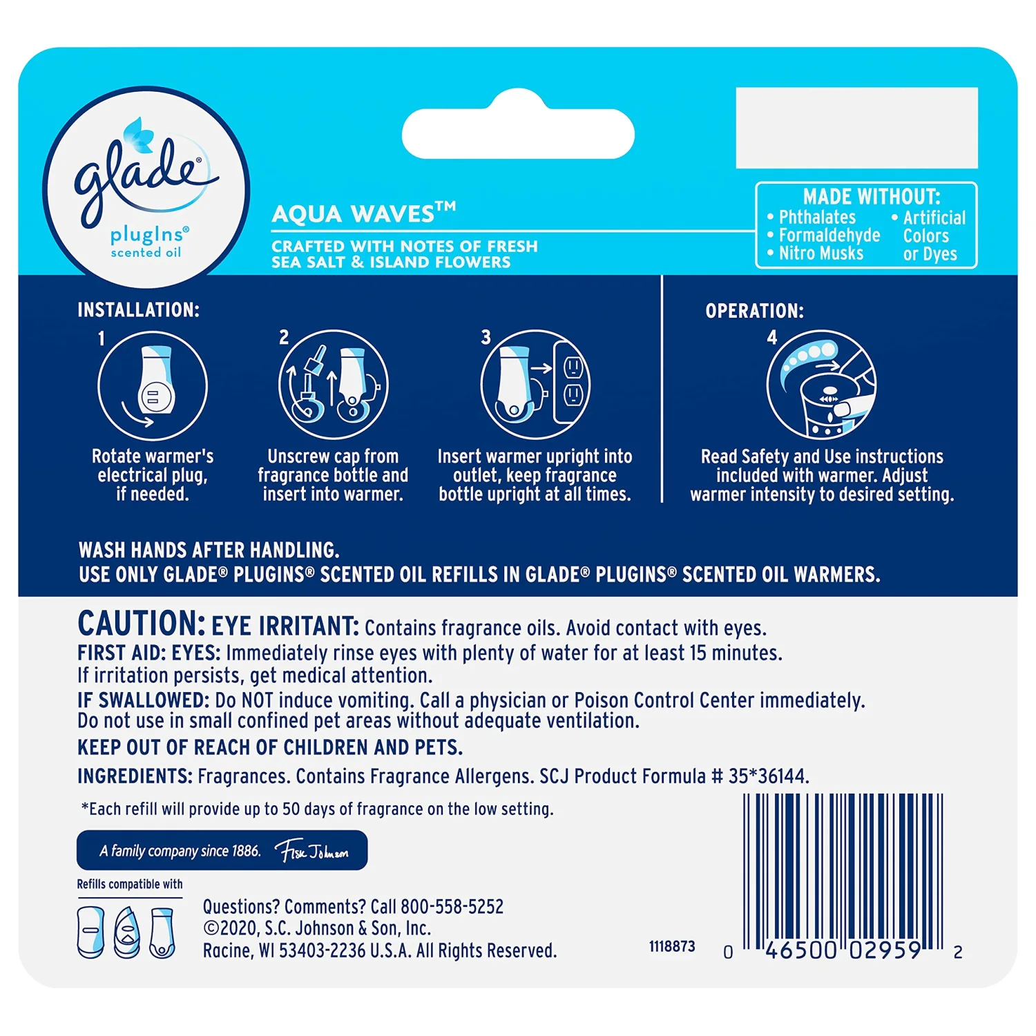 Glade PlugIns Refills Air Freshener, Scented and Essential Oils for Home and Bathroom, Aqua Waves, 3.35 Fl Oz, 5 Count