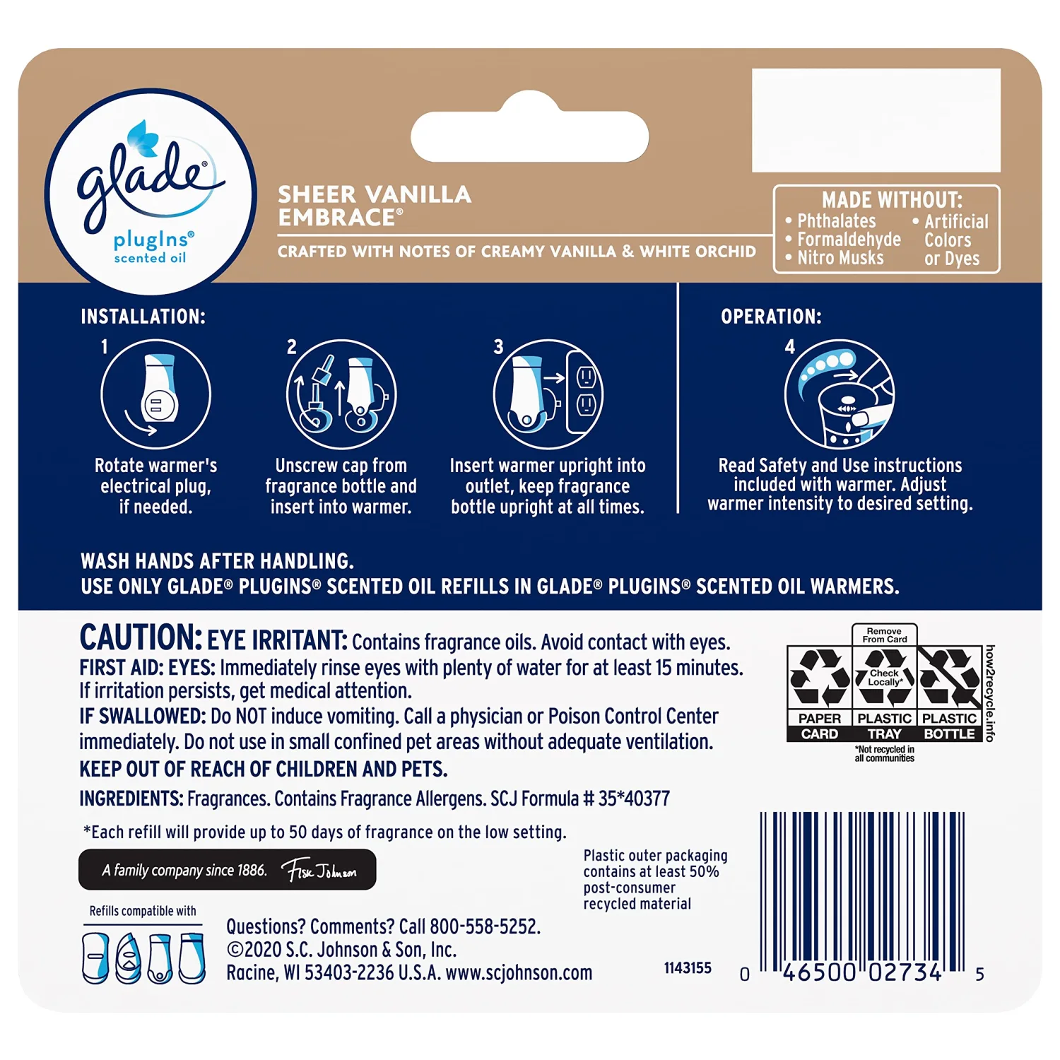 Glade PlugIns Refills Air Freshener, Scented and Essential Oils for Home and Bathroom, Sheer Vanilla Embrace, 3.35 Fl Oz, 5 Count