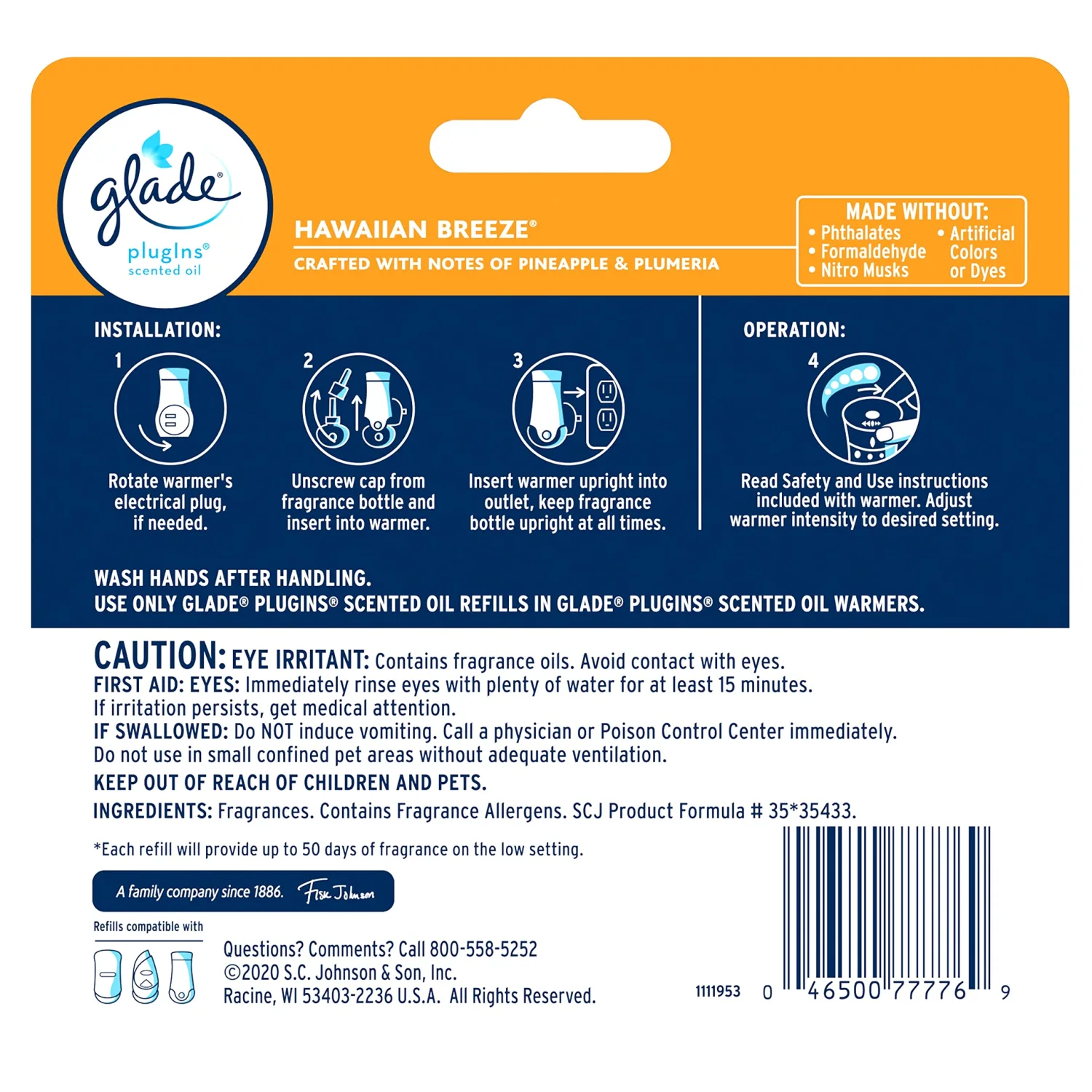 Glade PlugIns Refills Air Freshener, Scented and Essential Oils for Home and Bathroom, Hawaiian Breeze, 3.35 Fl Oz, 5 Count