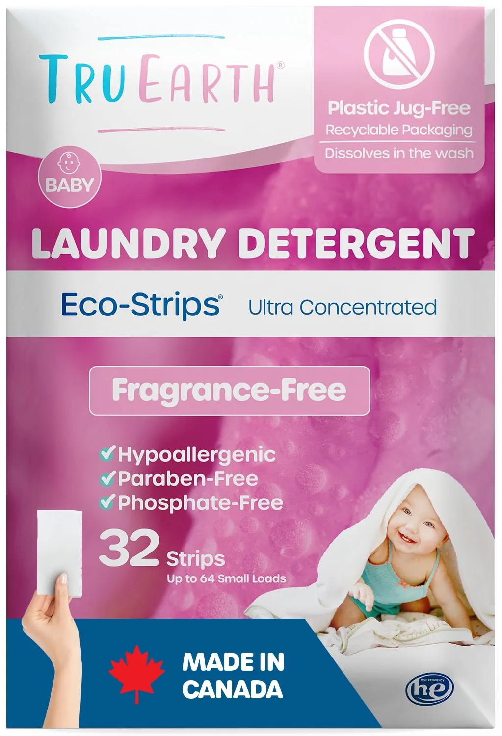 Tru Earth Hypoallergenic Baby Laundry Detergent Sheets/Eco-Strips for Sensitive Skin, 32 Count, Up to 64 Loads: Fragrance Free Detergent for Newborn, Infants, Toddlers, Children, Baby Clothes