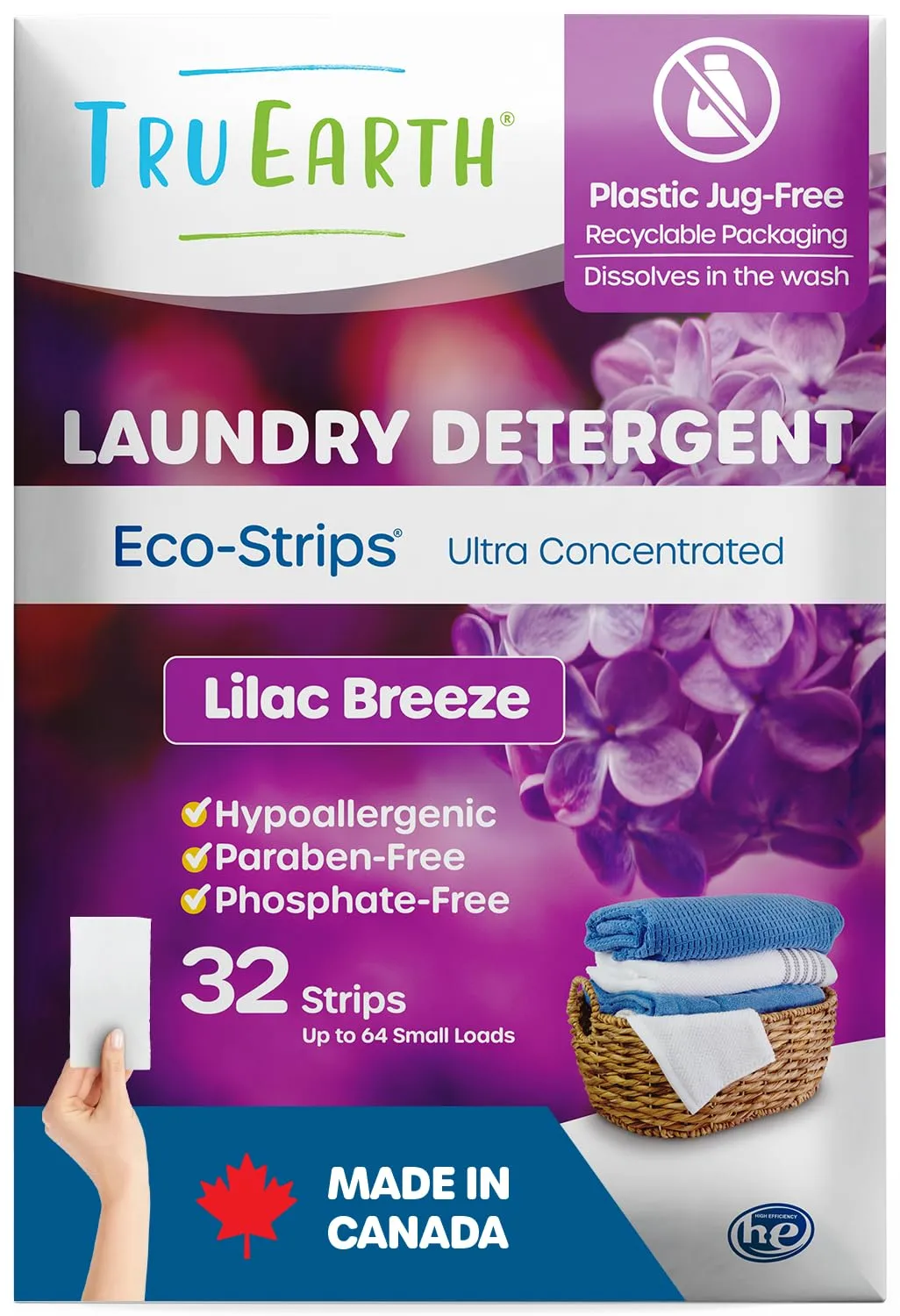 Tru Earth Compact Dry Laundry Detergent Sheets - Up to 64 Loads (32 Sheets) - Paraben-Free - Original Eco-Strip Liquidless Detergent, Travel Sheets - Lilac Breeze