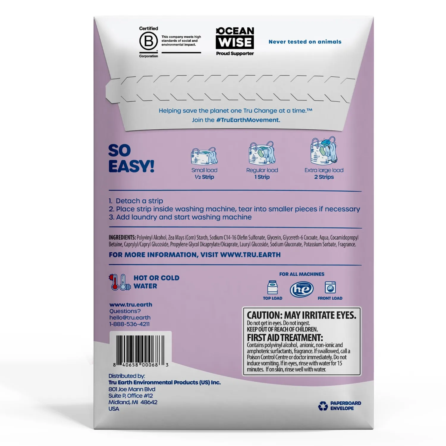 Tru Earth Compact Dry Laundry Detergent Sheets - Up to 64 Loads (32 Sheets) - Paraben-Free - Original Eco-Strip Liquidless Detergent, Travel Sheets - Lilac Breeze