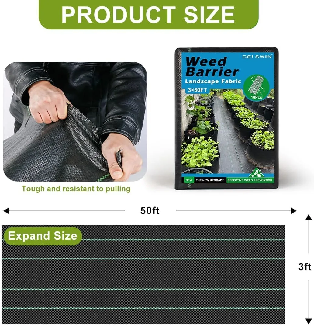 DELSWIN 3FTx50FT Weed Barrier Landscape Fabric, Heavy Duty Weed Control Block Ground Cover for Gardening, Farming, Yard, Pathway, with 10 U-Shaped Securing Pegs