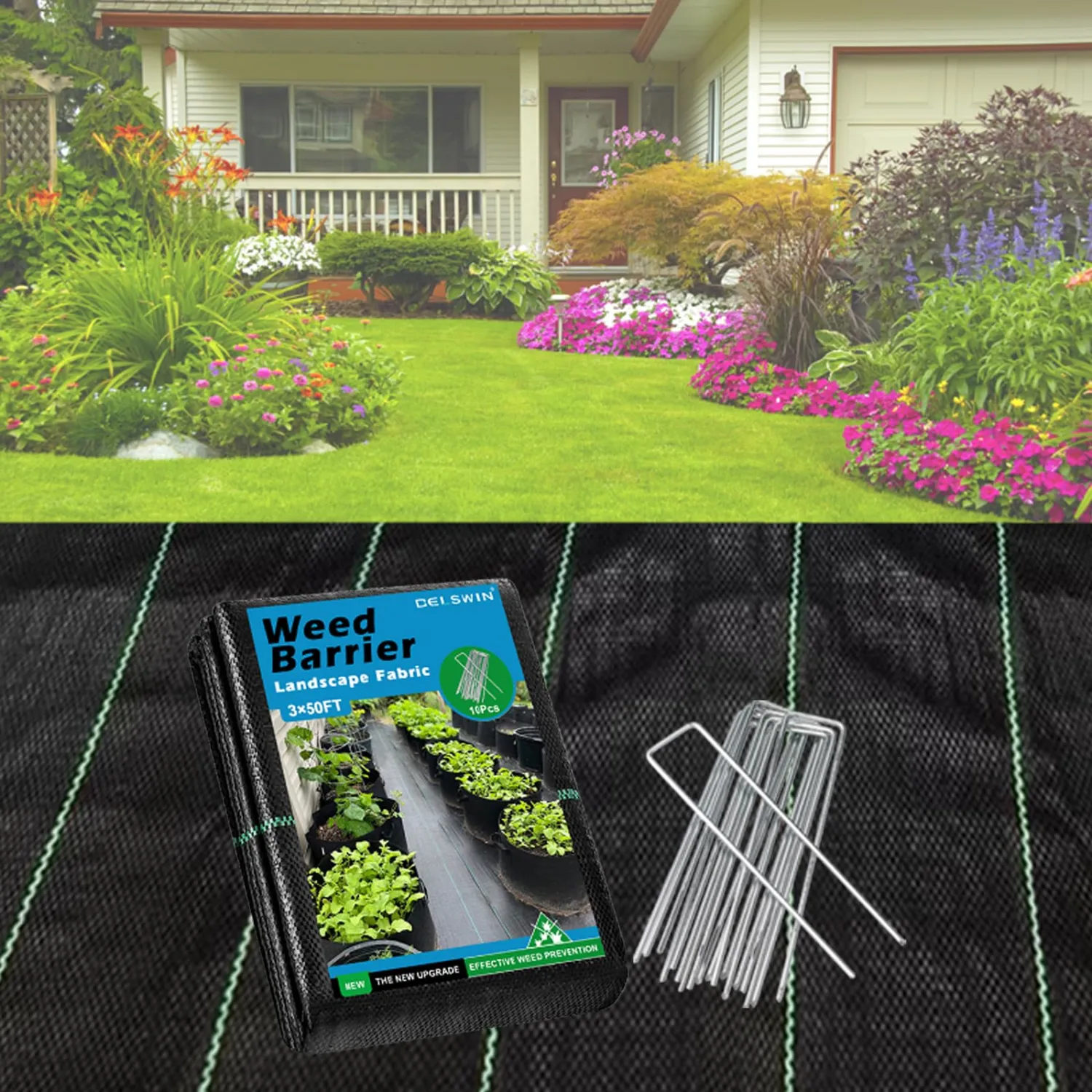 DELSWIN 3FTx50FT Weed Barrier Landscape Fabric, Heavy Duty Weed Control Block Ground Cover for Gardening, Farming, Yard, Pathway, with 10 U-Shaped Securing Pegs
