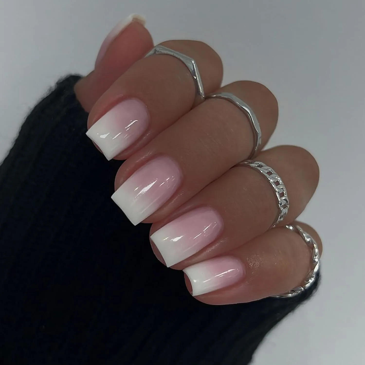 TBRZTR Pink White Gradient Press on Nails Short Square False Nails Reusable Full Cover Coffin Nails Artificial Stick on Nails Short Acrylic Nails Glossy Glue on Nails for Women DIY Manicure Kit 24Pcs