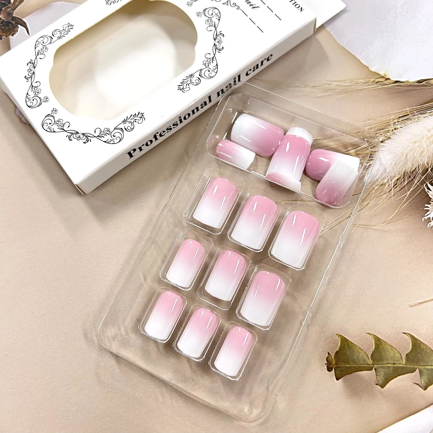 TBRZTR Pink White Gradient Press on Nails Short Square False Nails Reusable Full Cover Coffin Nails Artificial Stick on Nails Short Acrylic Nails Glossy Glue on Nails for Women DIY Manicure Kit 24Pcs