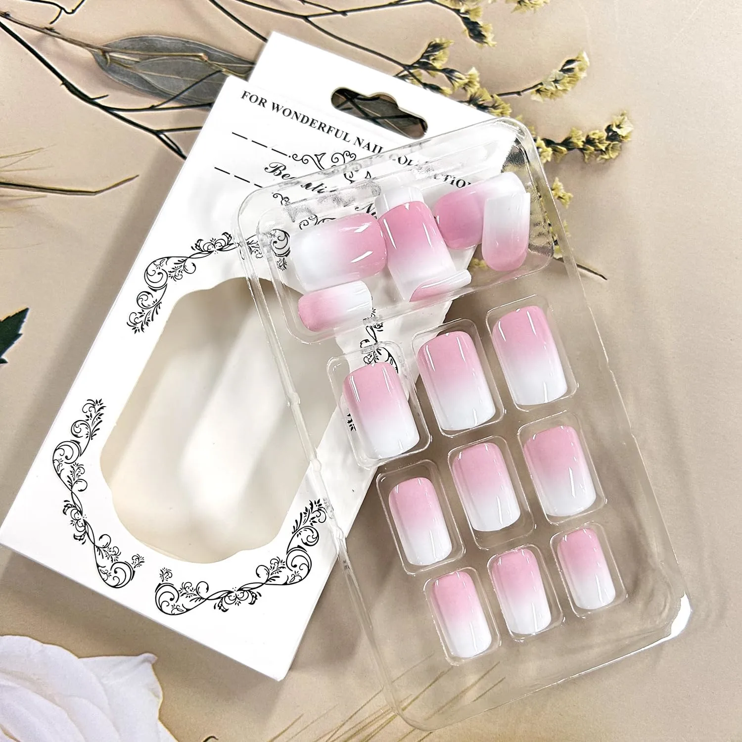 TBRZTR Pink White Gradient Press on Nails Short Square False Nails Reusable Full Cover Coffin Nails Artificial Stick on Nails Short Acrylic Nails Glossy Glue on Nails for Women DIY Manicure Kit 24Pcs