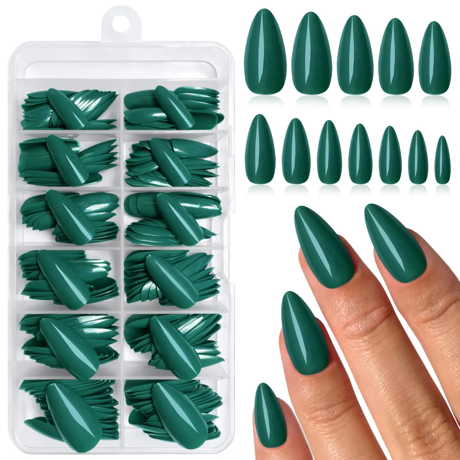 240PC Green Almond Press on Nails Medium Fake Nails Press ons, False Acrylic Nails Press on Nails Almond Glue on Nails Artificial Nail Tips Fingernails Stick on Nails with Glue&Adhesive Tabs