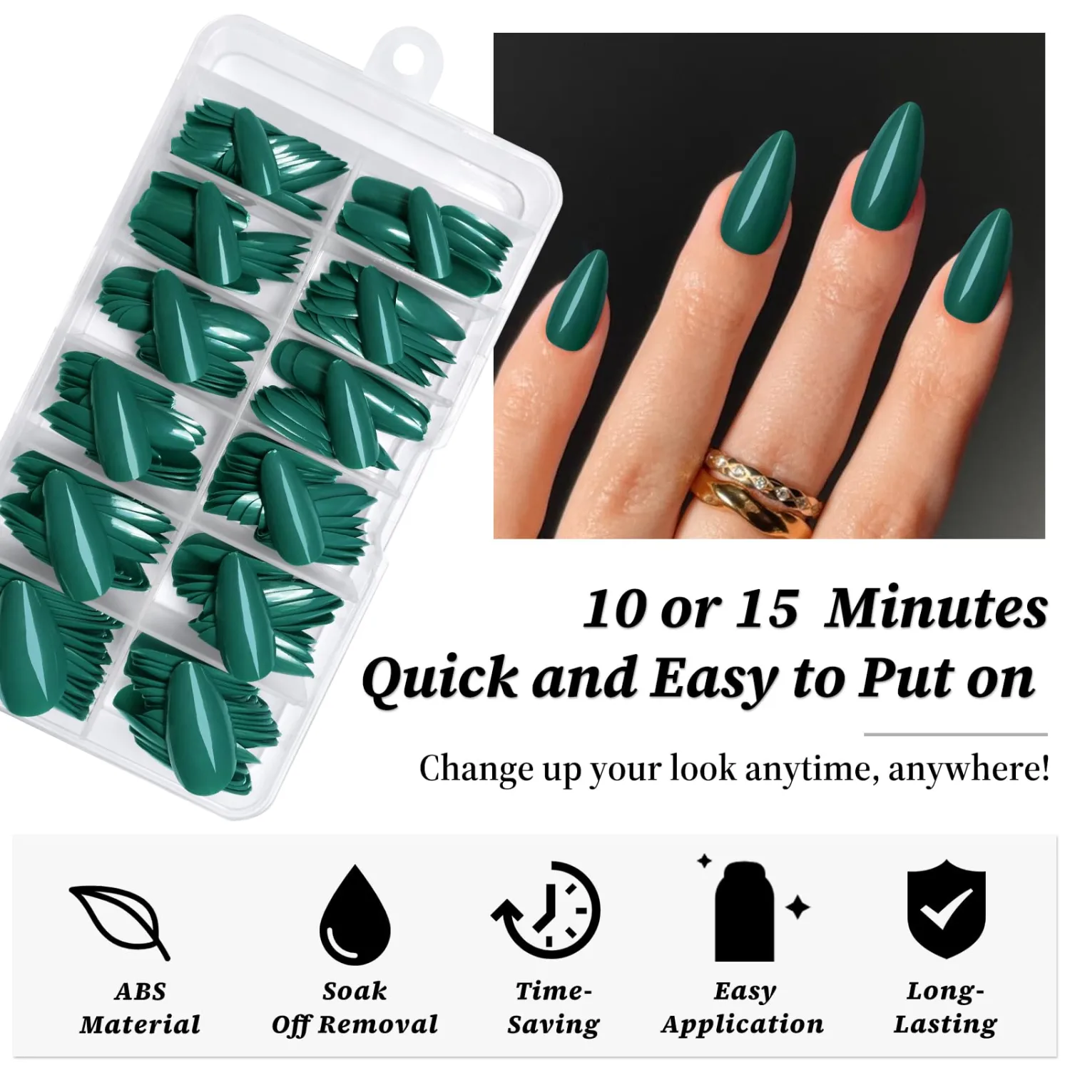 240PC Green Almond Press on Nails Medium Fake Nails Press ons, False Acrylic Nails Press on Nails Almond Glue on Nails Artificial Nail Tips Fingernails Stick on Nails with Glue&Adhesive Tabs