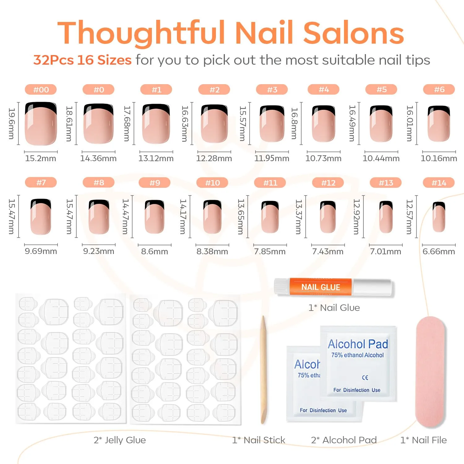Modelones Black French Tip Press On Nails, Short Square Fake Nails, Reusable Nail Kit with Nail Glue Adhesive Tabs Mini Nail File, Nails Press Ons 32Pcs 16 Sizes