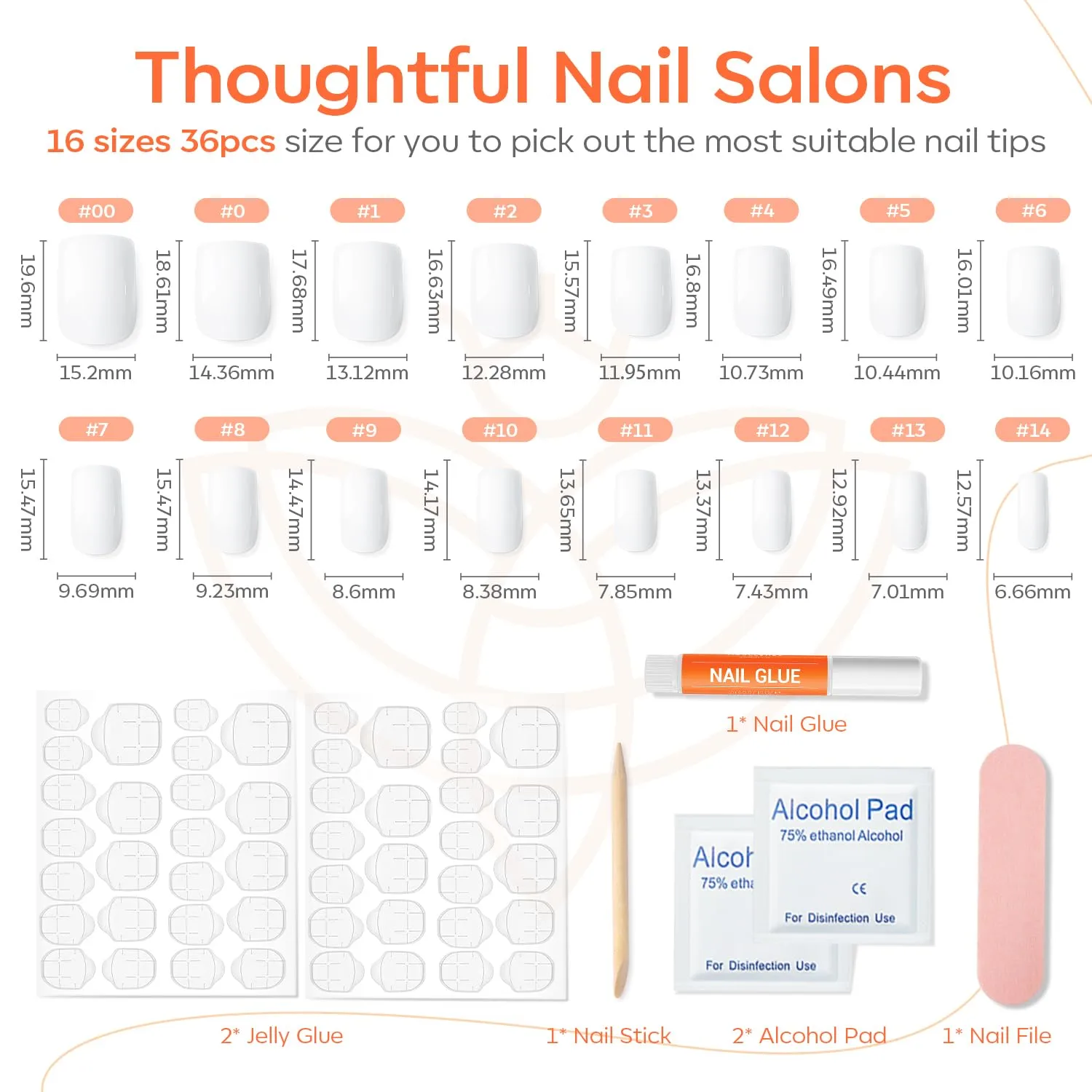 Modelones White Press on Nails for Women, Short Square Fake Nails, Reusable Nail Kit with Nail Glue Adhesive Tabs Mini Nail File, Nails Press Ons 32Pcs16 Sizes