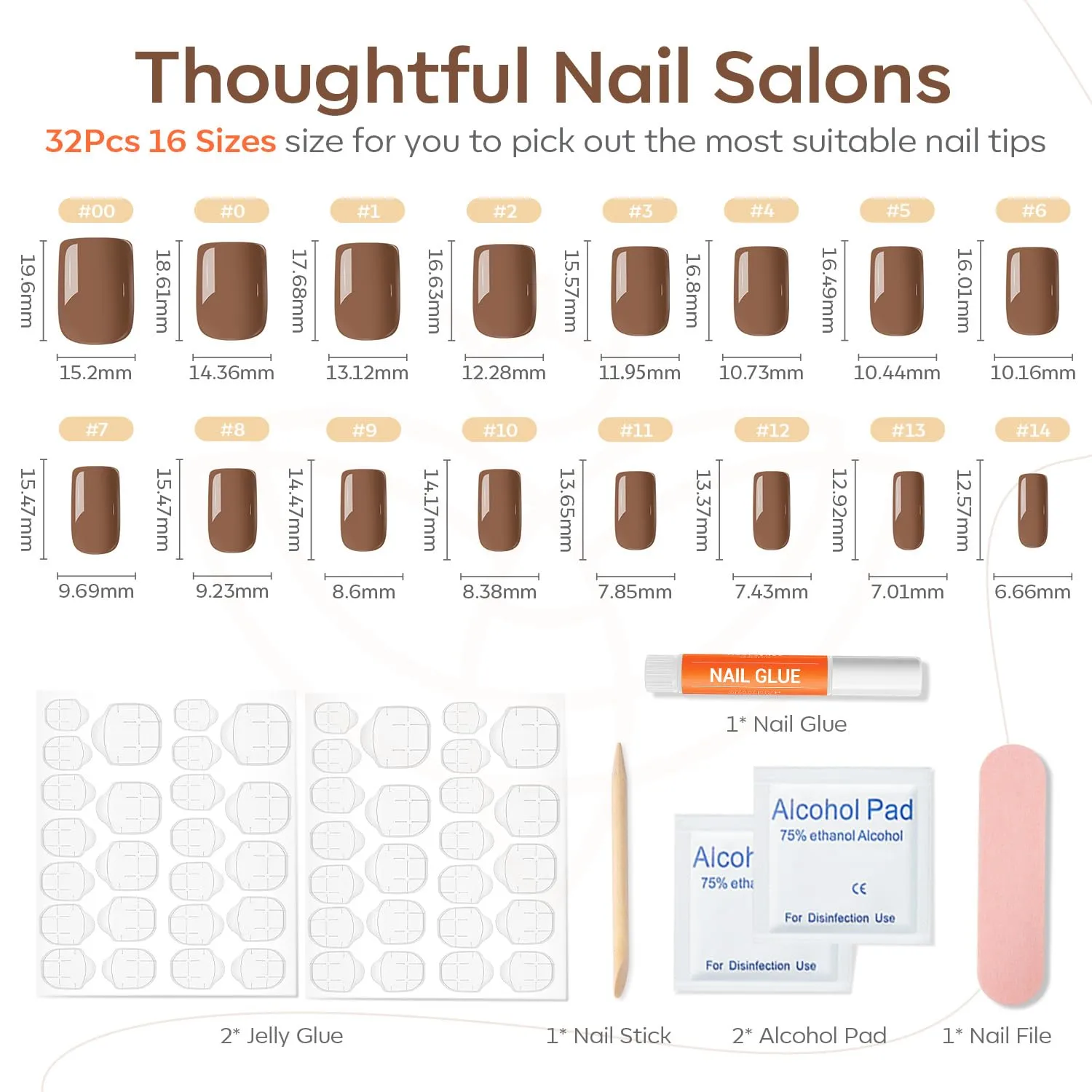 Modelones 32Pcs Fall Brown Press on Nails, Upgrade Short Square Fake Nails, Reusable Nail Kit with Nail Glue Adhesive Tabs Mini Nail File, Nails Press Ons 16 Sizes