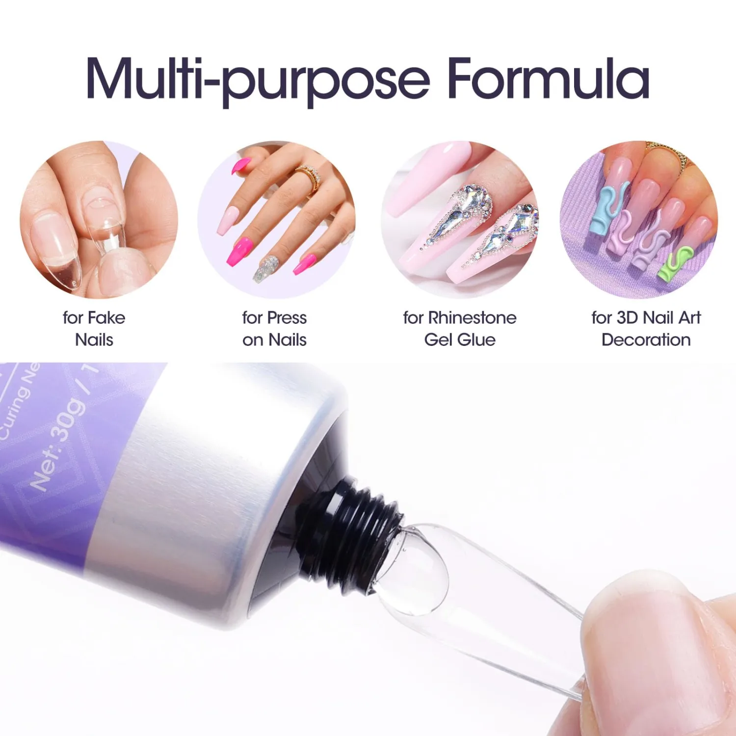 Gellen Solid Nail Glue for Press On & Acrylic Nails, Clear 3D Sculpture Gel Super Strong, UV/LED Cured, 30g
