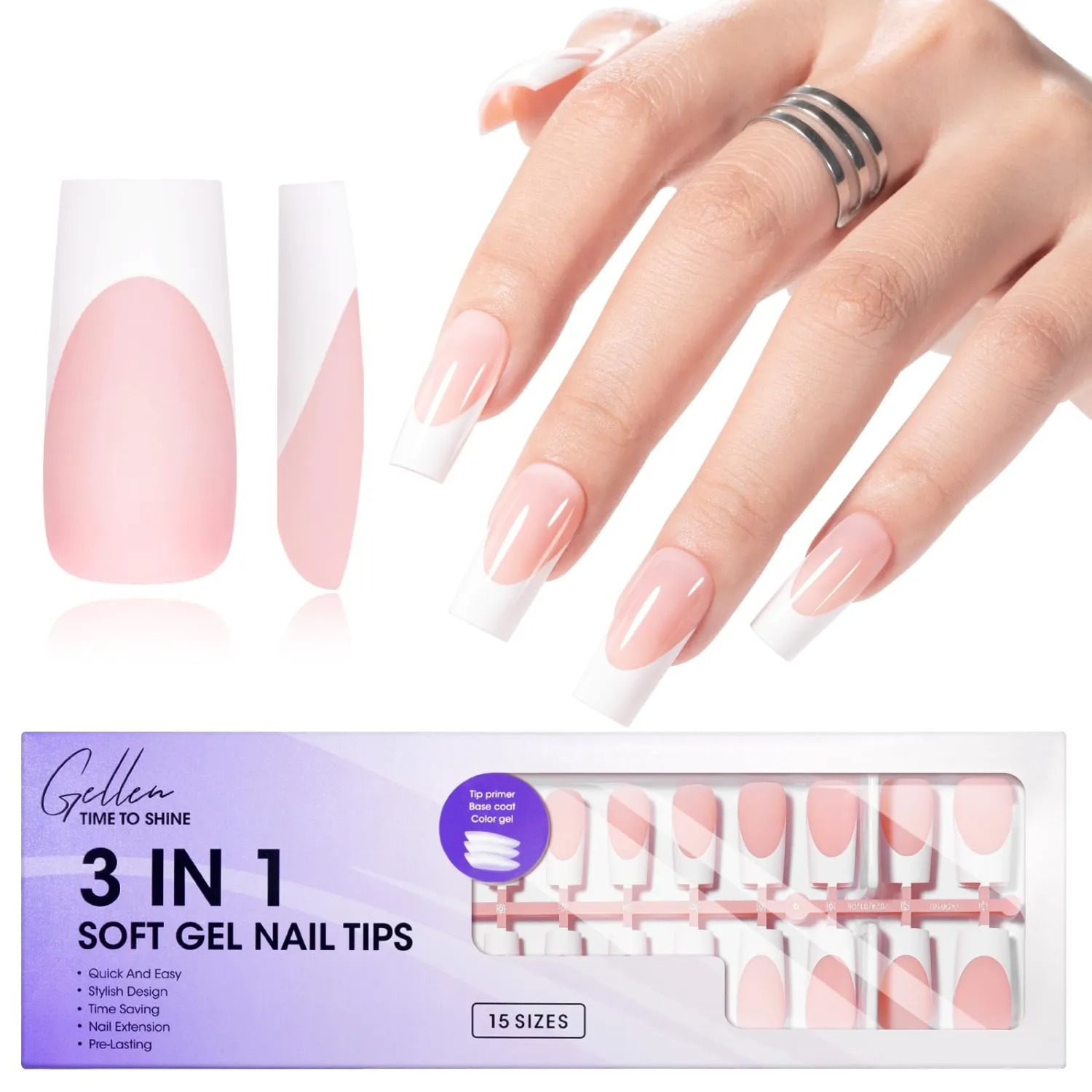 Gellen French Tip Nails, 150 pcs Long Square Pink French Tip Press on Nails, French Tip Gel Nails for DIY Nail Art