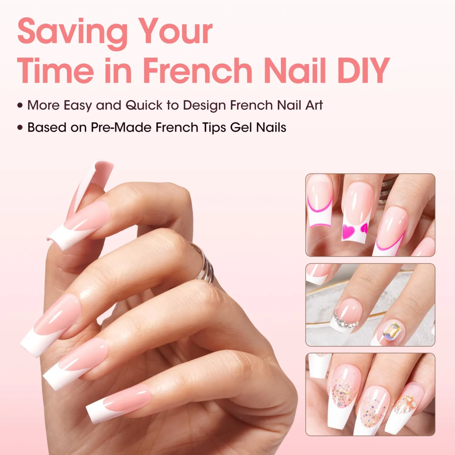 Gellen French Tip Nails, 150 pcs Long Square Pink French Tip Press on Nails, French Tip Gel Nails for DIY Nail Art