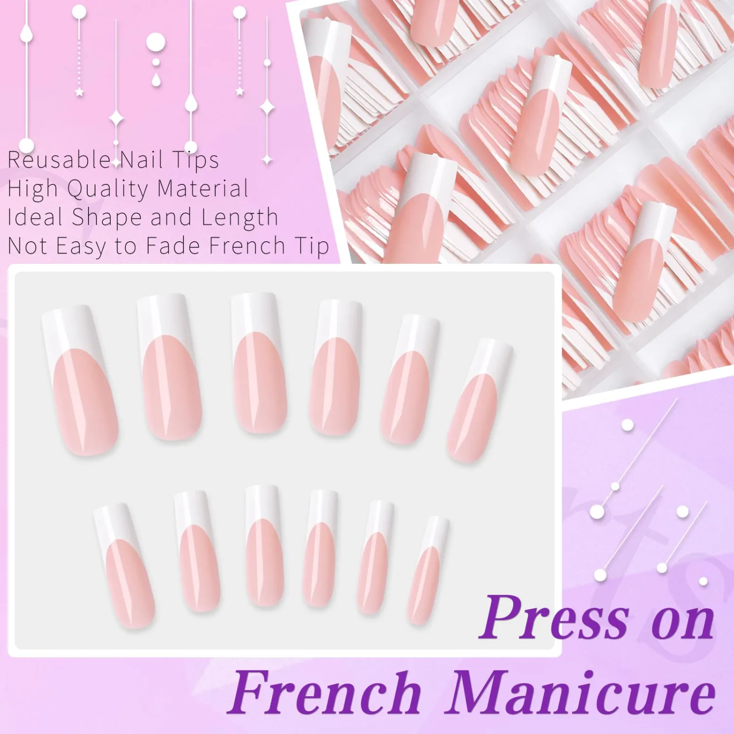 240pc French Tip Press on Nails Long Fake Nails with Glue and Adhesive Tab, False Acrylic Nails Press on Nails Square Nail Tips Artificial Glue on Nails Press ons Fingernail Stick on Nails