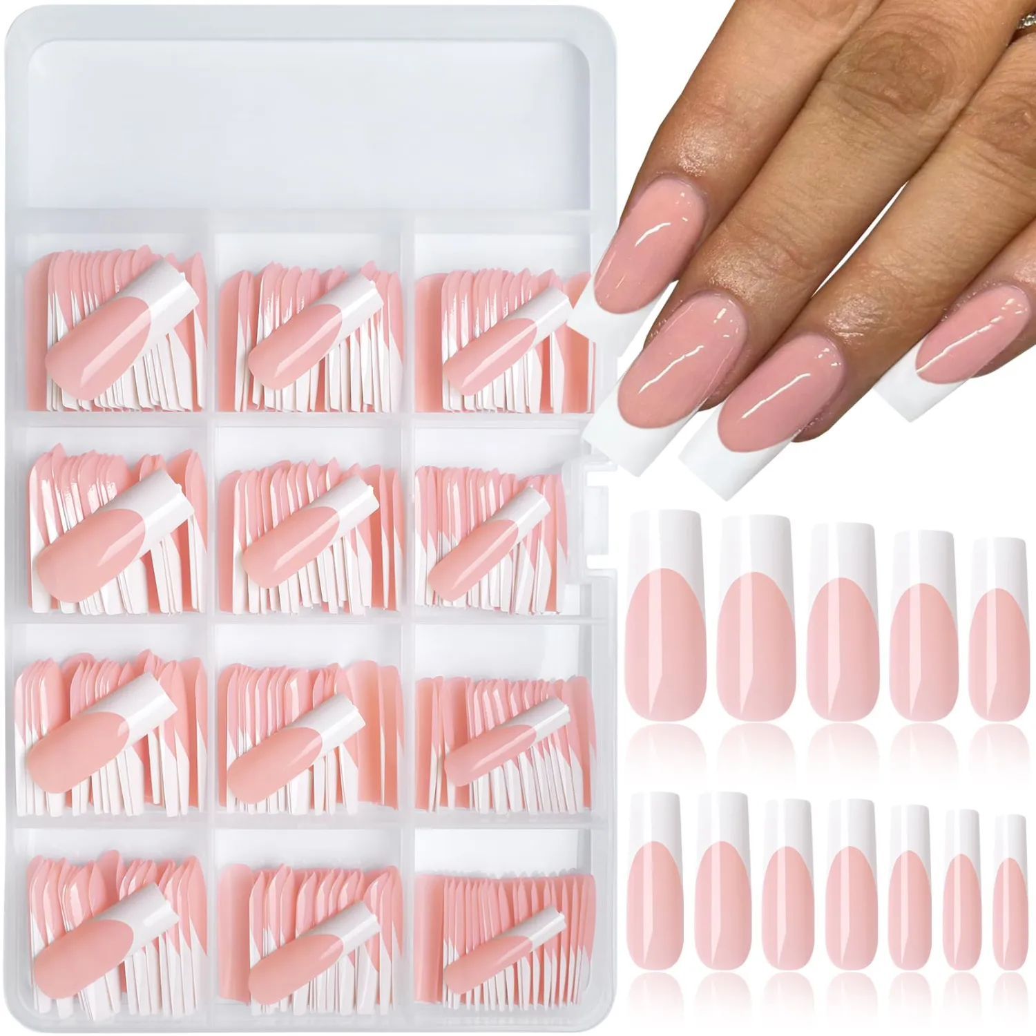 240pc French Tip Press on Nails Long Fake Nails with Glue and Adhesive Tab, False Acrylic Nails Press on Nails Square Nail Tips Artificial Glue on Nails Press ons Fingernail Stick on Nails