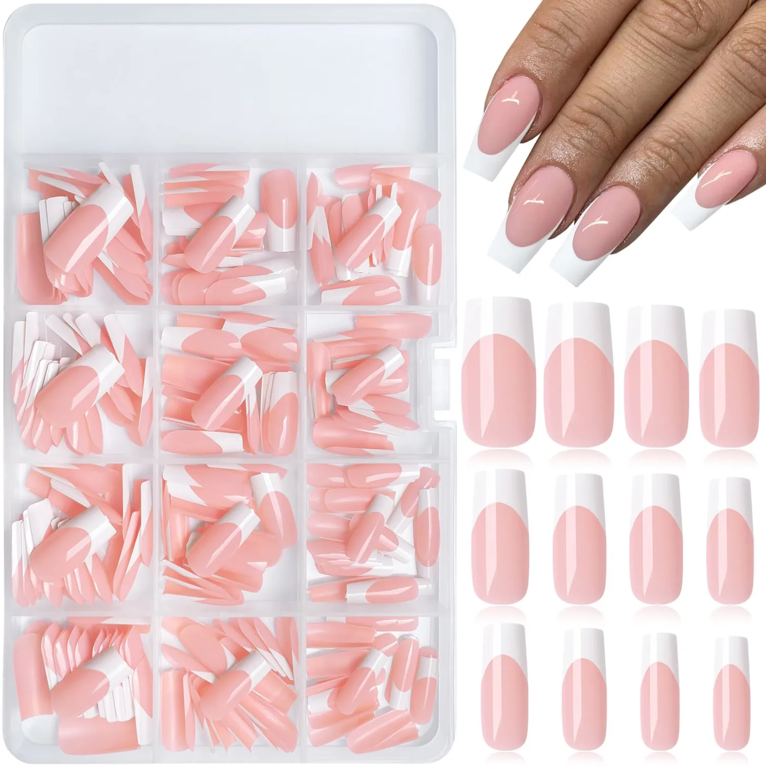 240pc French Tip Press on Nails Medium Fake Nails with Glue and Adhesive Tab, False Acrylic Nails Press on Nails Square Nail Tips Artificial Glue on Nails Press ons Fingernail Stick on Nails