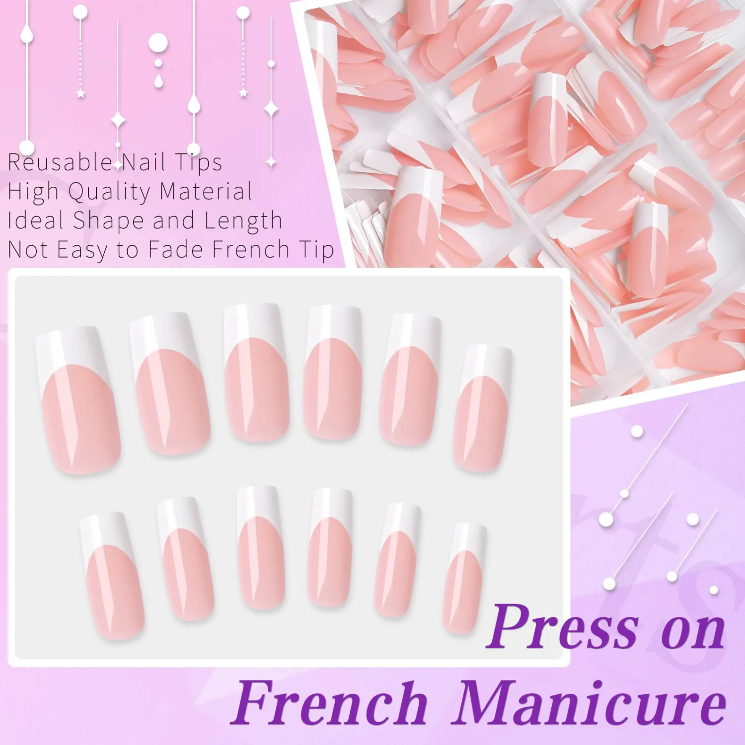 240pc French Tip Press on Nails Medium Fake Nails with Glue and Adhesive Tab, False Acrylic Nails Press on Nails Square Nail Tips Artificial Glue on Nails Press ons Fingernail Stick on Nails