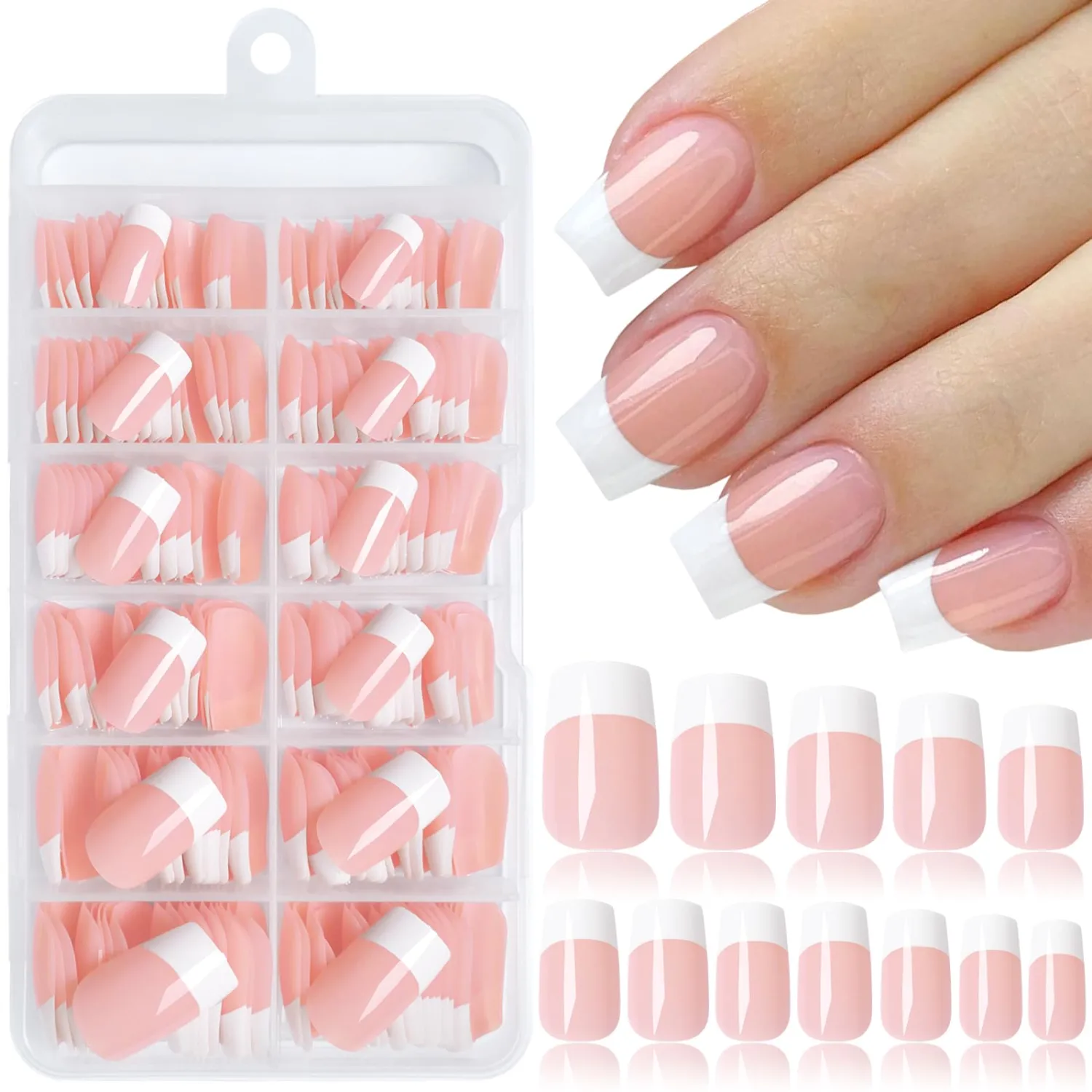 240pc French Tip Press on Nails Short Fake Nails with Glue and Adhesive Tab, False Acrylic Nails Press on Nails Square Nail Tips Artificial Glue on Nails Press ons Fingernail Stick on Nails