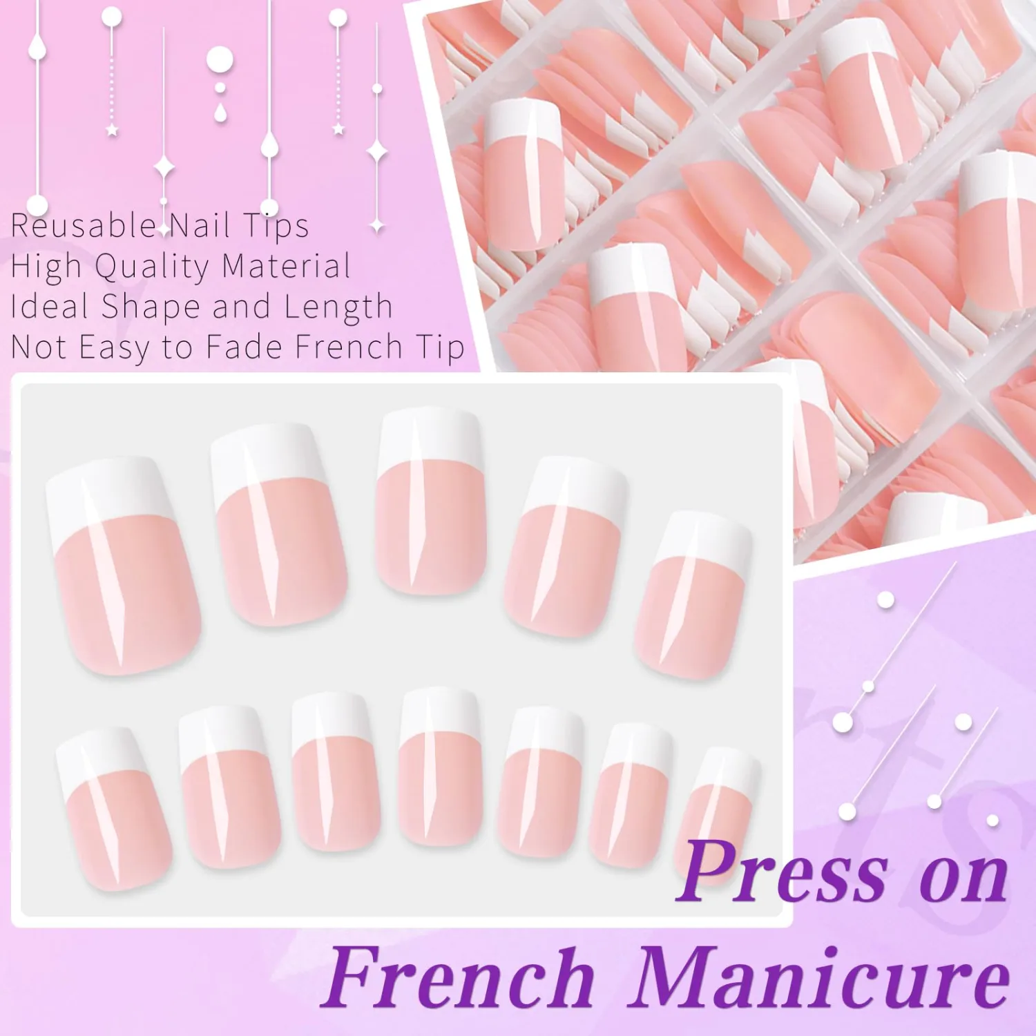 240pc French Tip Press on Nails Short Fake Nails with Glue and Adhesive Tab, False Acrylic Nails Press on Nails Square Nail Tips Artificial Glue on Nails Press ons Fingernail Stick on Nails