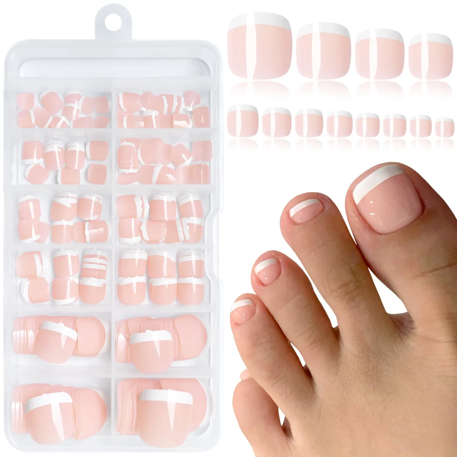240pc Press on Toenails for Women Toe Press on Nails French Tip Toe Nail Press ons with Adhesive Tabs, Glue on Fake Toe Nail Tips False Acrylic Toenails Press ons Artifitial Fake Toenails