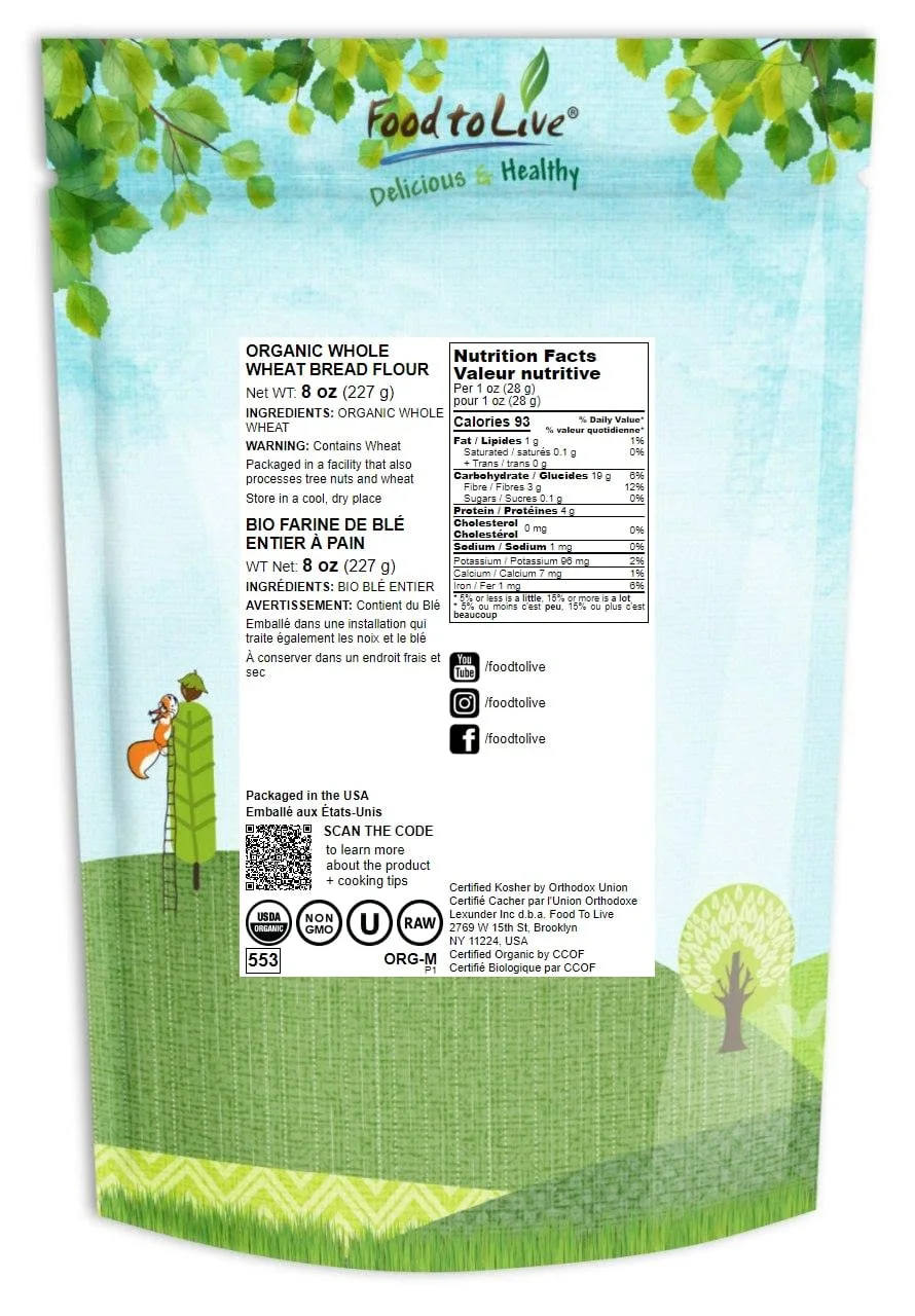 Food to Live Organic Whole Wheat Bread Flour, 8 Ounces - Whole Grain, Unbleached, Non-GMO, Kosher, Unbromated, Raw, Vegan, Bulk, Product of the USA