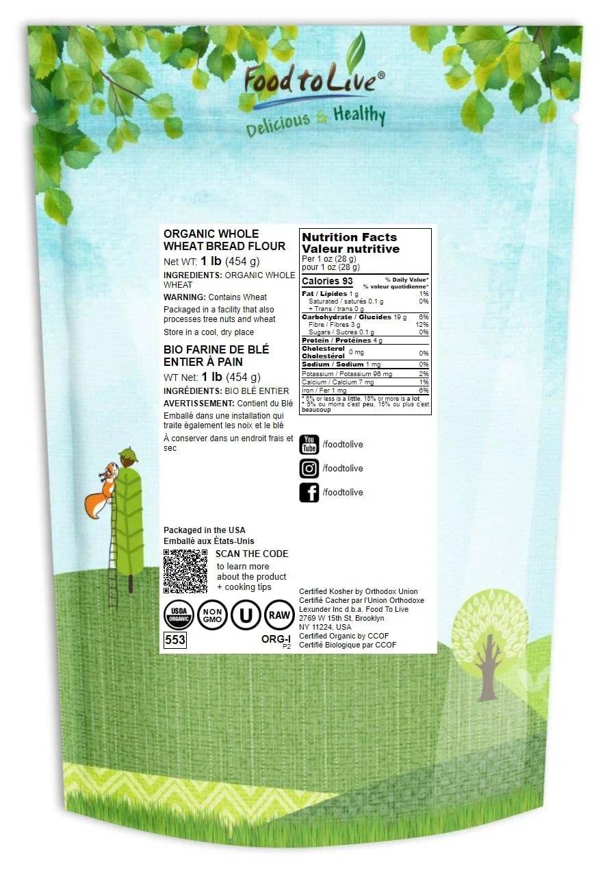 Food to Live Organic Whole Wheat Bread Flour, 1 Pound - Whole Grain, Unbleached, Non-GMO, Kosher, Unbromated, Raw, Vegan, Bulk, Product of the USA