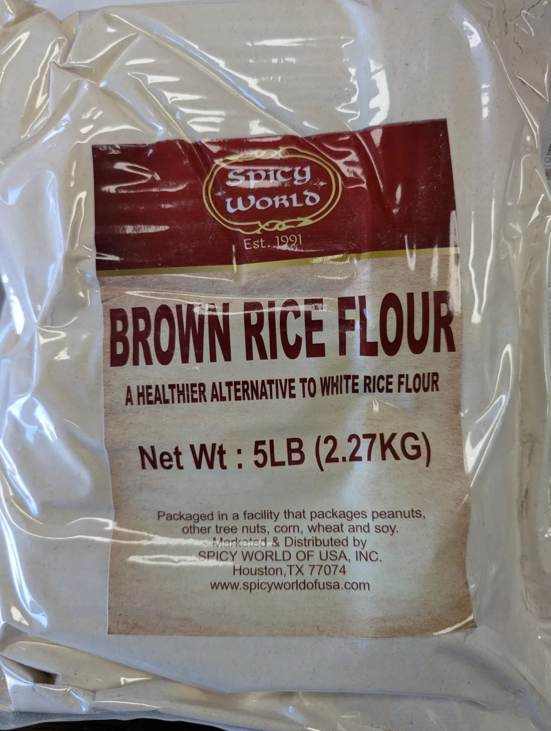 Spicy World Brown Rice Flour 5 LB Bulk | Resealable Bag | USA Grown, Fine Ground Flour for Baking and Cooking | Premium All-Natural Rice Powder | Rich Source of Fiber