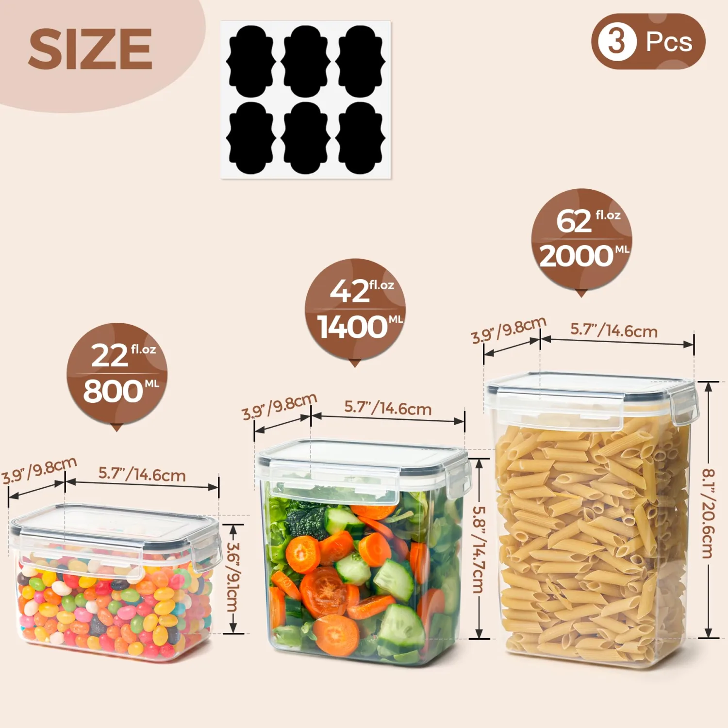 ComSaf Food Storage Containers with Lids Set of 3 (2L/62oz) (1.4L/42oz) (0.8L/22oz), Airtight Food Storage Containers, Plastic Canisters Sets for Kitchen, Pantry Organizers for Sugar, Cereal and Snack