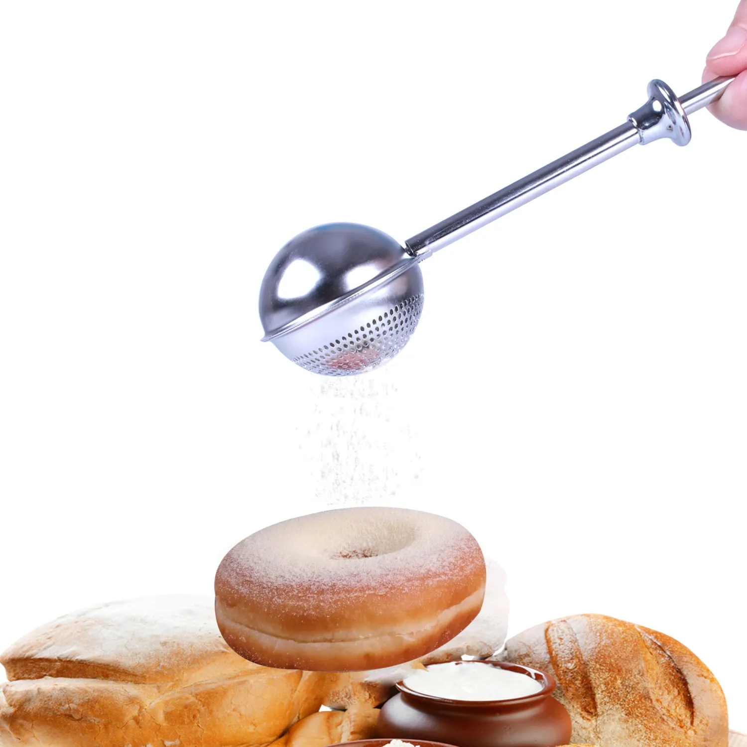 Flour Sifter, Flour Duster for Baking, 304 Stainless Steel Powdered Sugar Spring Duster for Baking, Sifting Sugar, Flour, Spices and Tea Strainers, Small Tray Included.