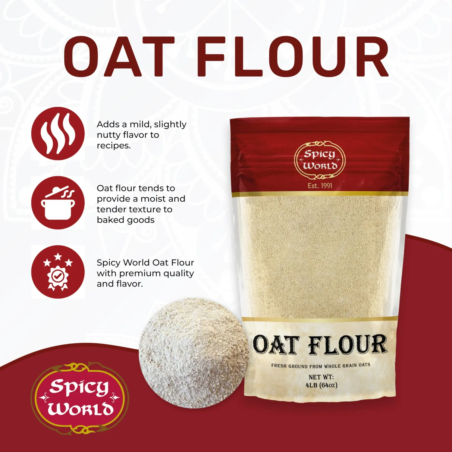 Spicy World Whole Grain Oat Flour 4 Pound Bag (64oz) - Non-GMO, Great Wheat Substitute