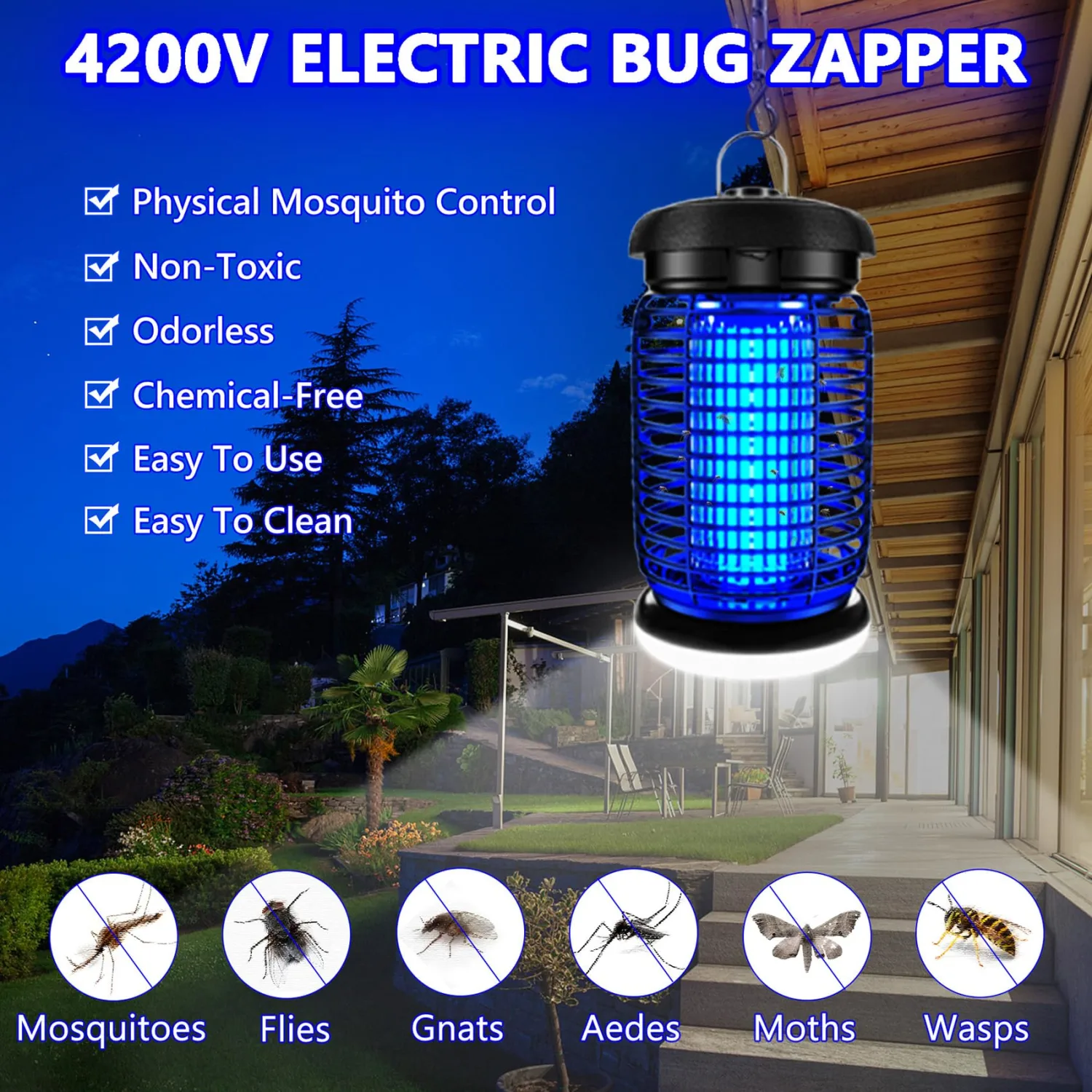 Bug Zapper Outdoor & Indoor with LED Light - IPX4 Waterproof Mosquito Killer, Electric Fly Trap for Outside, Patio, Yard, Garage - Hanging Insect Catcher, High Voltage, Replaceable Bulbs