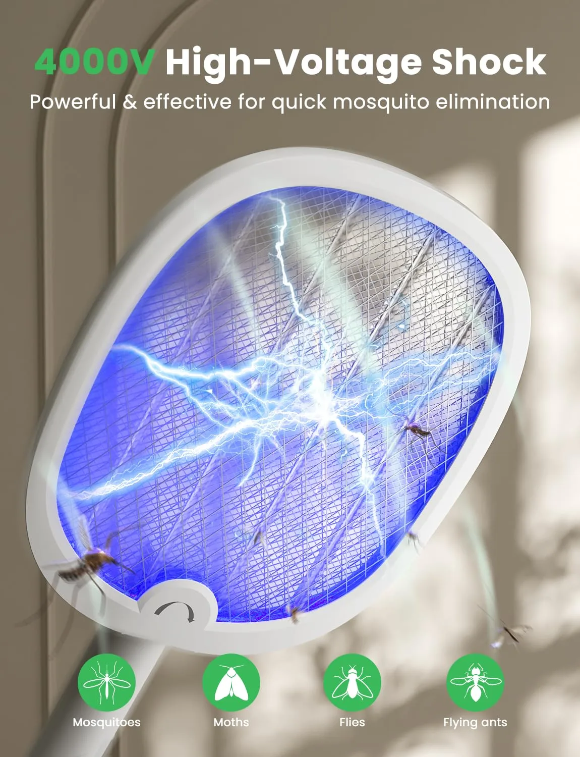 YISSVIC Electric Fly Swatter Foldable Bug Zapper Racket 2 in 1 Mosquito Killer with Purple Attractant Light Rechargeable 1800mAh for Indoor Home Backyard Patio Camping