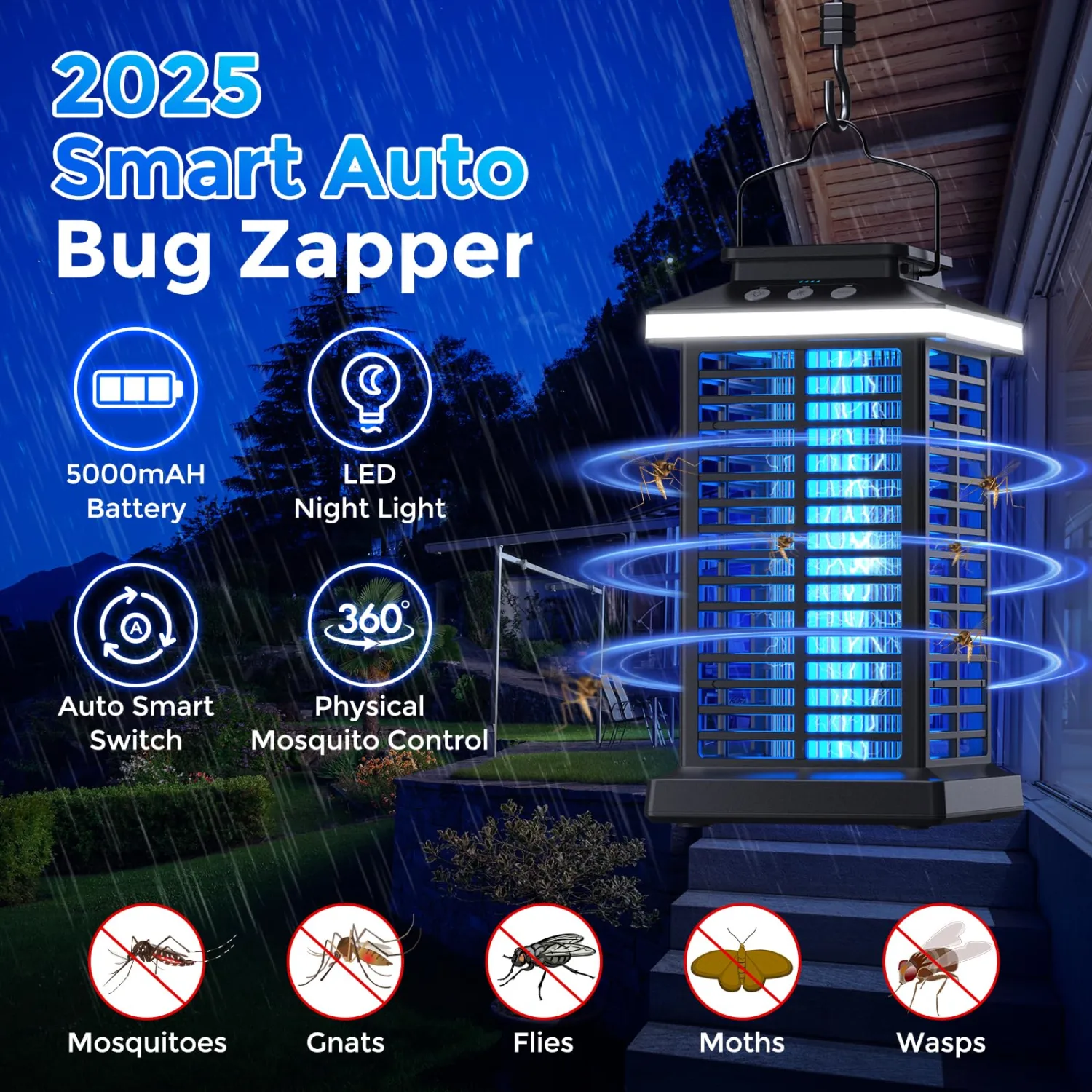 Bug Zapper Outdoor, 2025 Upgraded Mosquito Zapper 2 in 1 Rechargeable Bug Zapper Outdoor with 5000mAh Battery & LED Night Light, 4000V Electric Fly Zapper for Outside Patio, Backyard, Garden Black-01