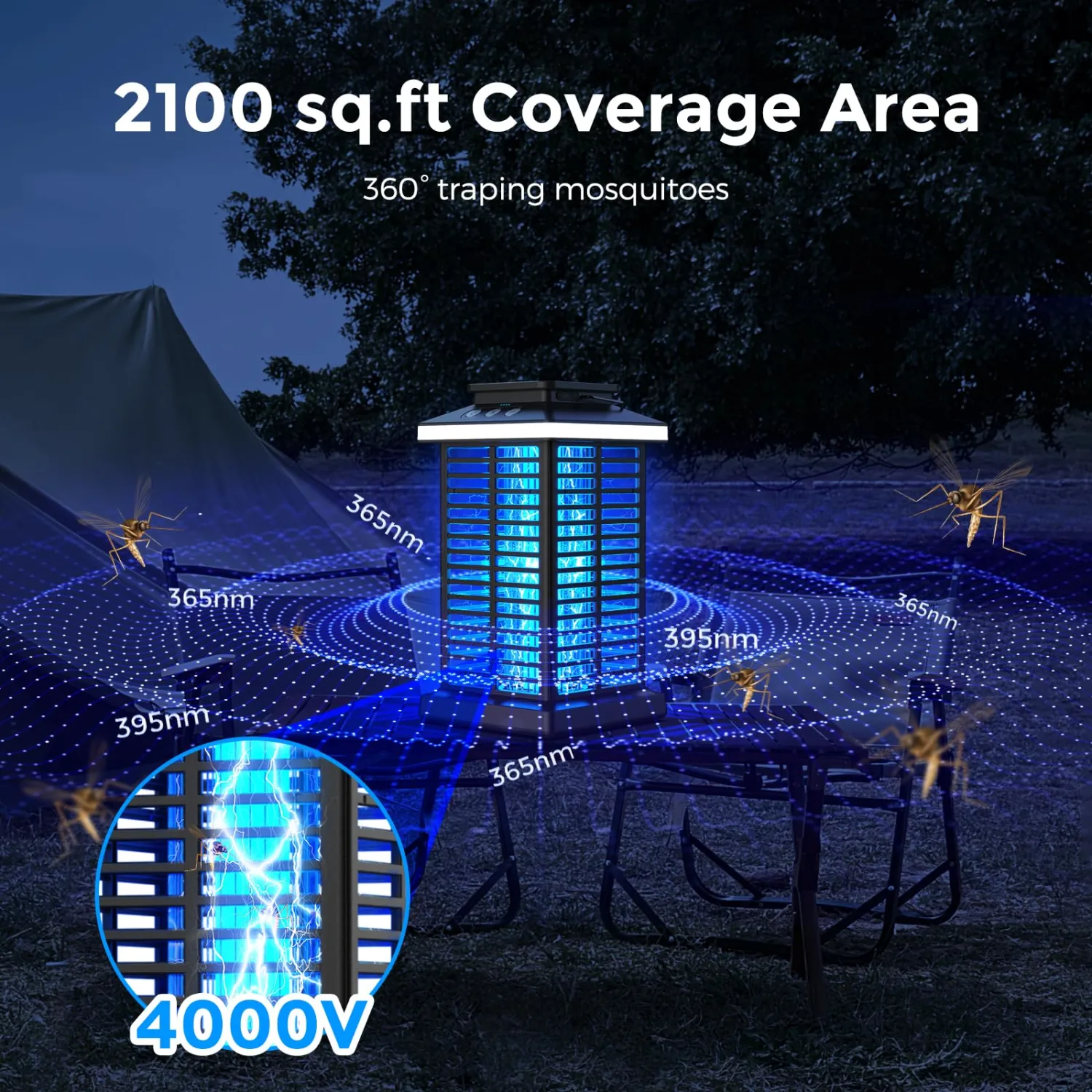 Bug Zapper Outdoor, 2025 Upgraded Mosquito Zapper 2 in 1 Rechargeable Bug Zapper Outdoor with 5000mAh Battery & LED Night Light, 4000V Electric Fly Zapper for Outside Patio, Backyard, Garden Black-01