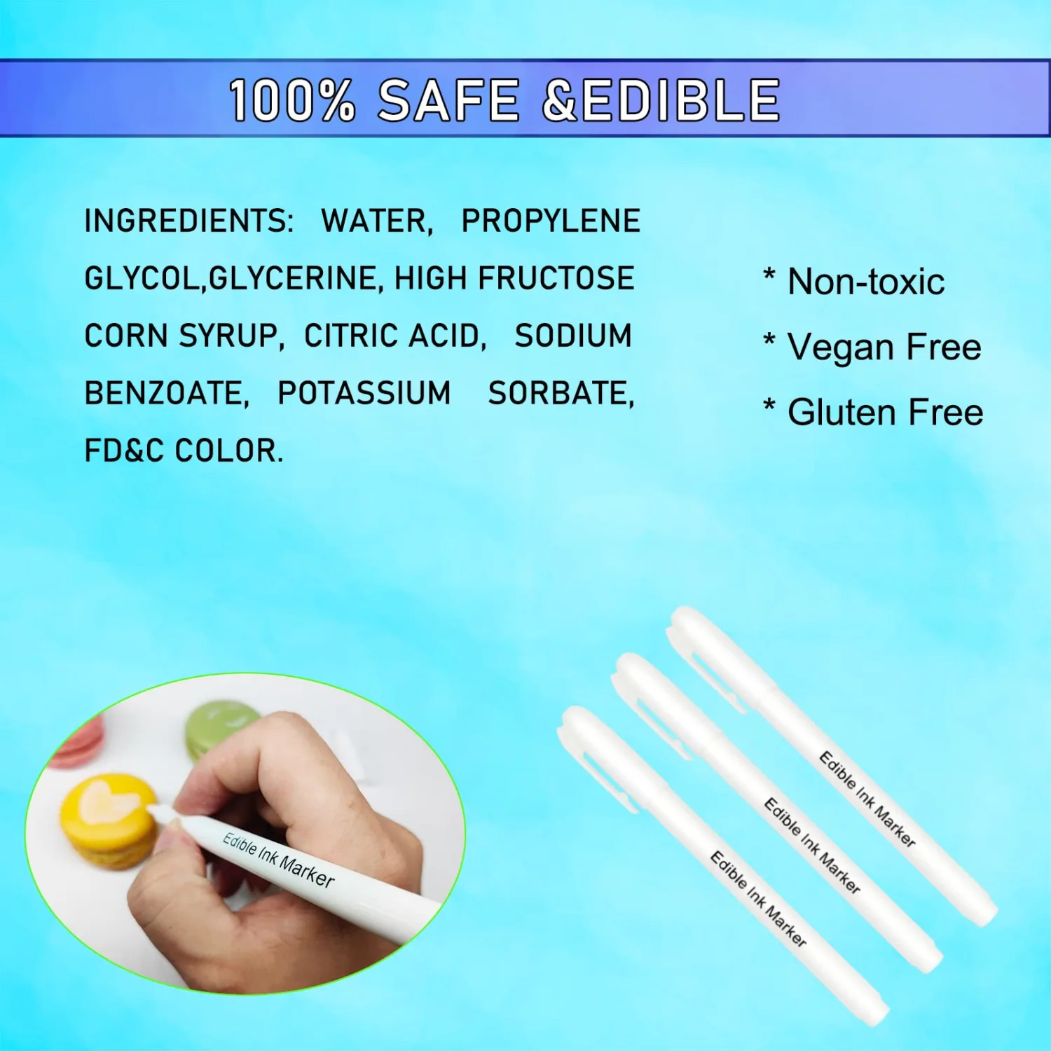 3pcs White Food Coloring Markers, Edible Ink Pen with Upgraded Smooth Tip, Food Grade Markers For Cookie Decoration, Fondant,Cake,Frosting Decorating Supplies by Edibleink