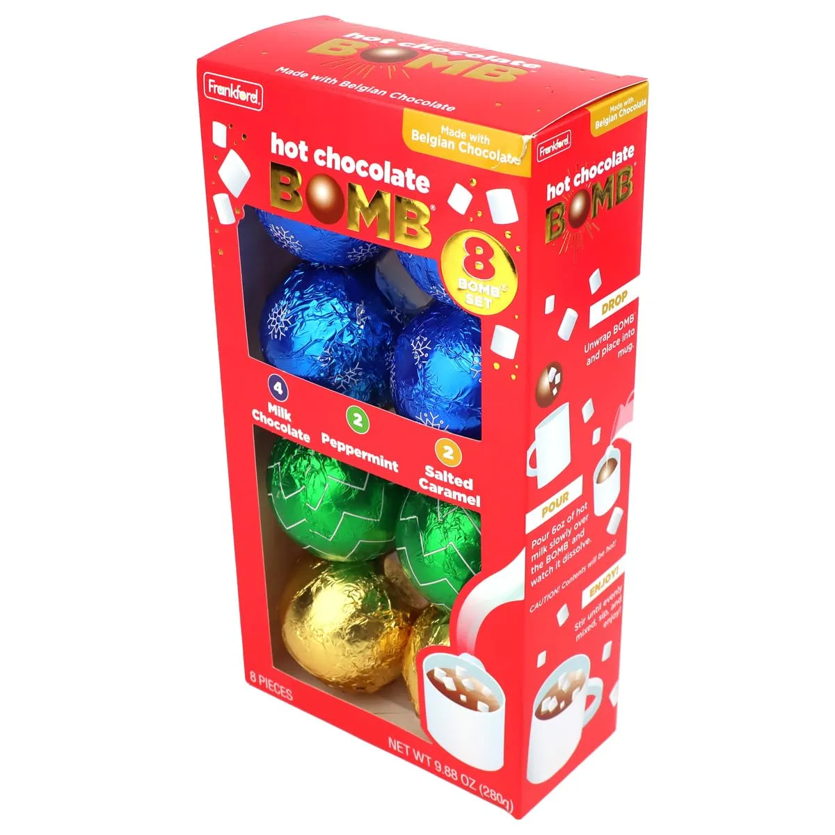 Frankford Hot Chocolate BOMB Variety Pack of 8 Individually Wrapped Hot Cocoa Balls Gift Set, Salted Caramel, Milk Chocolate, Peppermint, Winter Beverage